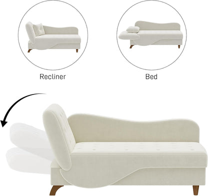 Chaise Lounge Chair Indoor with Storage, Adjustable Backrest Recling Reading Chair Sleeper Sofa Bed with Pillow, 3 in 1 Velvet Futon Lounge Chair for Living Room Bedroom, Beige White
