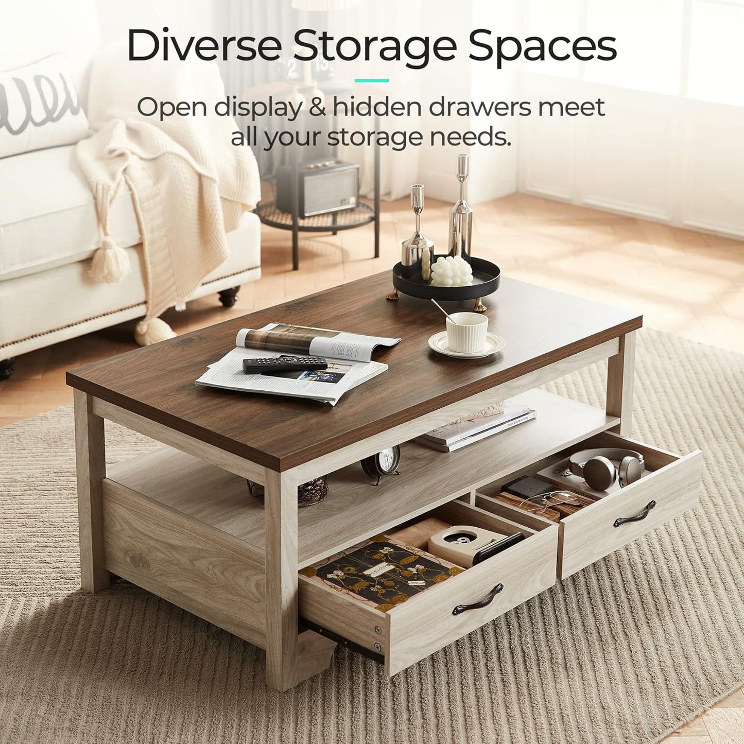 Living Room Table Sets 4 Piece with TV Stand, Farmhouse TV Stand for 65 Inch TV, Coffee Table with Drawers, Two End Table with Charging Station, Washed Gray
