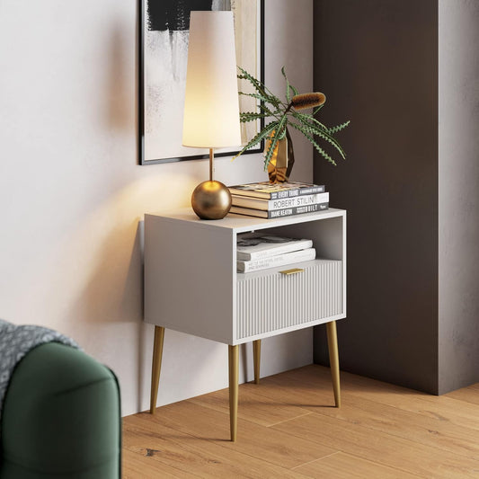 Jacklyn White Nightstand, Gold Accent Bedside Table with Storage Drawer, Open Shelf and Mid-Century Golden Legs, White/Gold