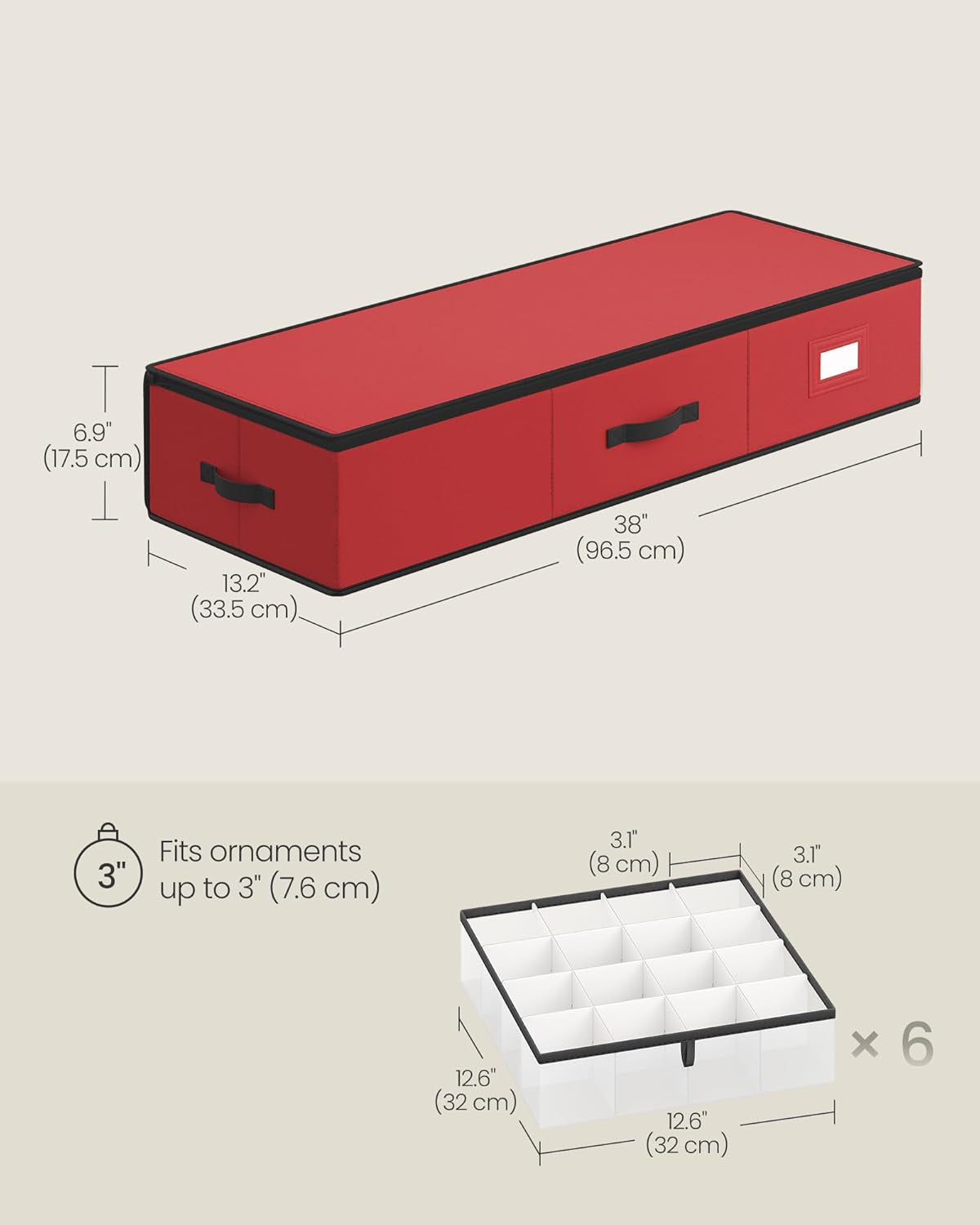 Christmas Ornament Storage Box, 96 Slots of 3 Inches, 38 X 13.2 X 6.9 Inches, Bauble Storage Box with Dividers, Oxford Fabric, Zippers, Side Handles, under the Bed, Cherry Red URFB042R01