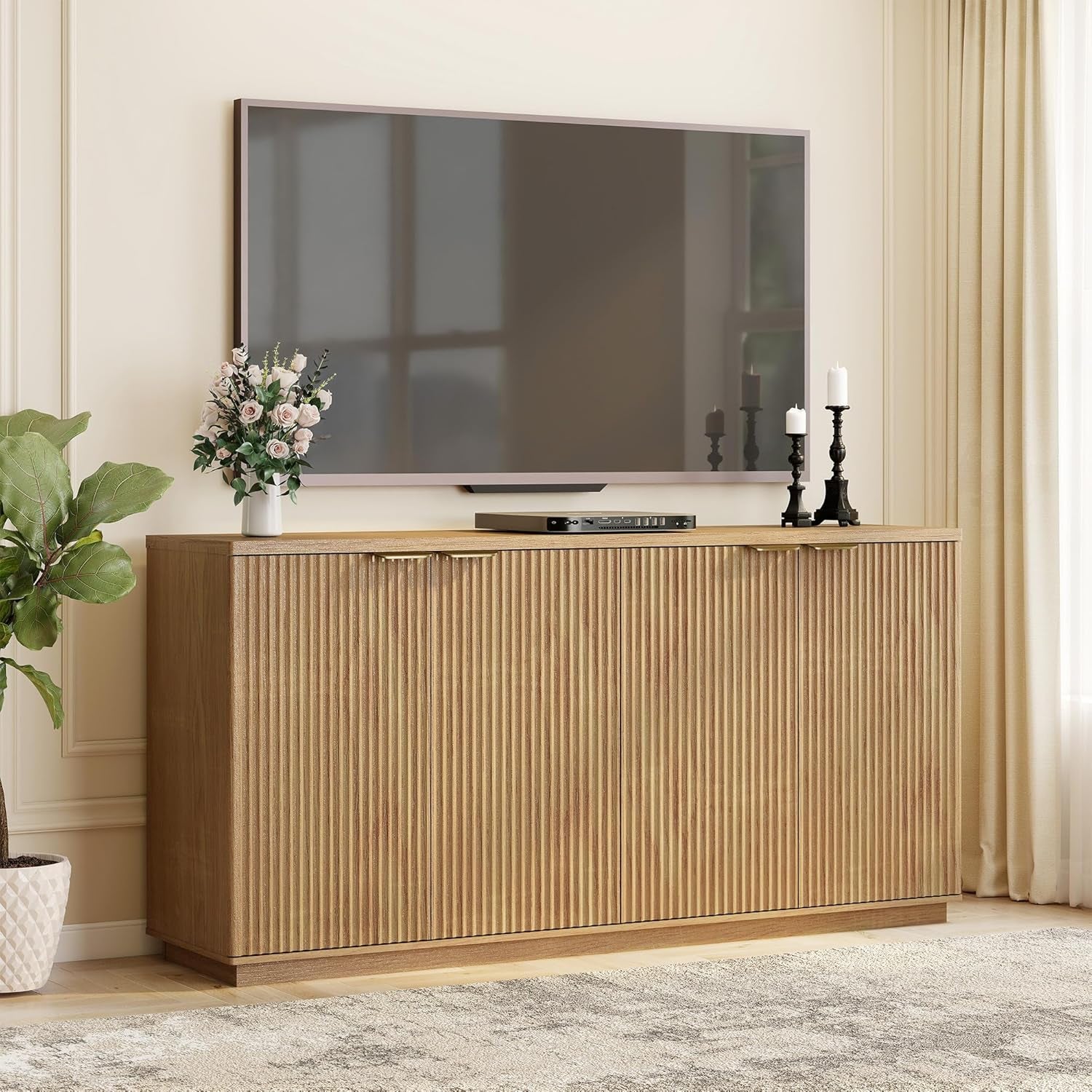 Fluted Sideboard Buffet Cabinet, 63" Wooden Credenza Storage Cabinet with 4 Doors and Adjustable Shelves, Fluted Sideboard Cabinet for Kitchen, Living Room, Natural Oak