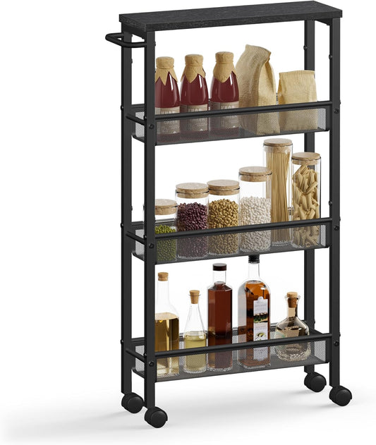 Slim Rolling Cart, 4-Tier Storage Cart, Narrow Cart with Handle, 5.1 Inches Deep, Metal Frame, for Kitchen, Dining Room, Living Room, Home Office, Ebony Black and Classic Black ULRC032B04
