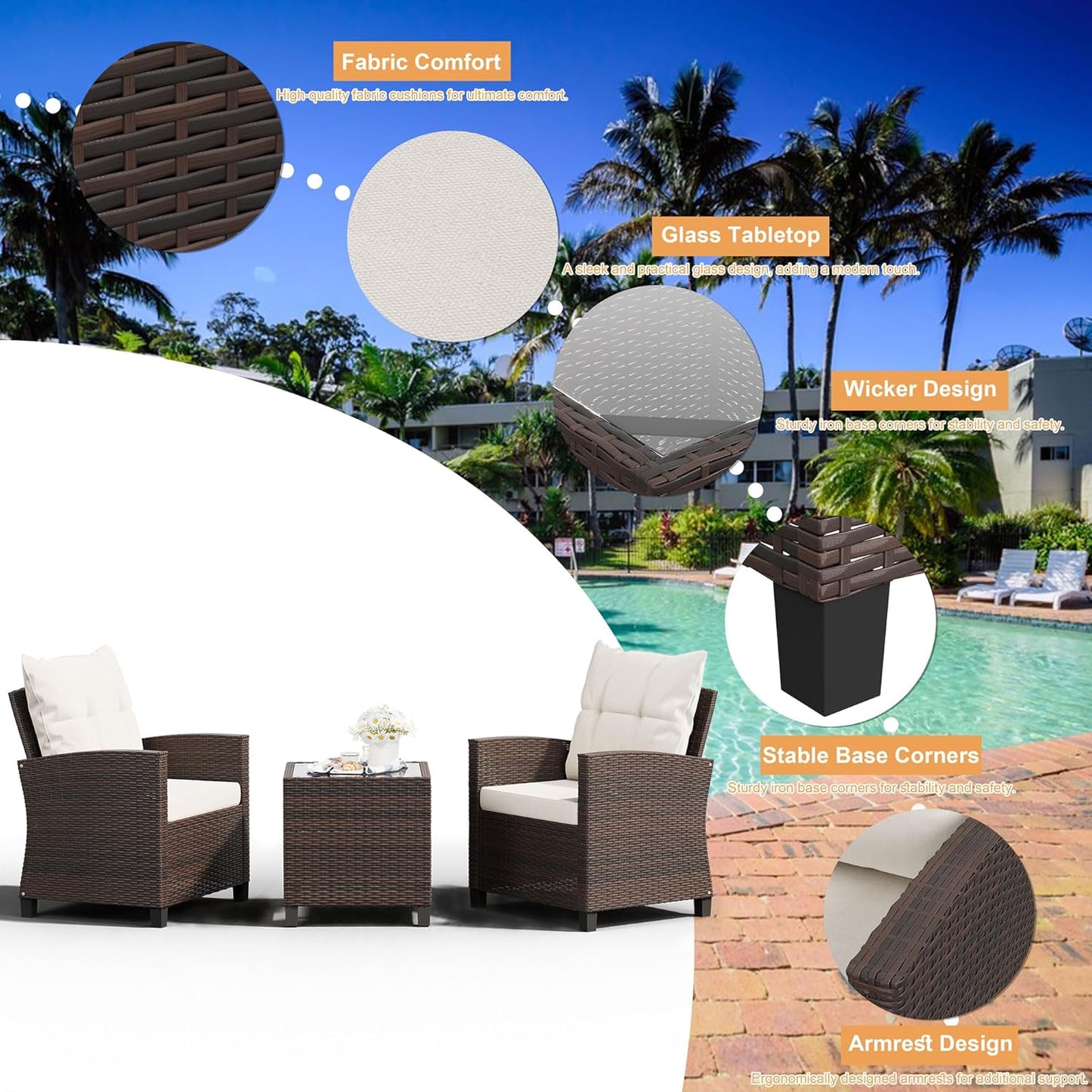 3 Pieces Patio Furniture Set, PE Rattan Wicker 3 Pcs Patio Set, Outdoor Furniture Set with Two Outdoor Chairs and Table, Conversation Set for Garden, Poolside, Balcony, and Porch(Beige)