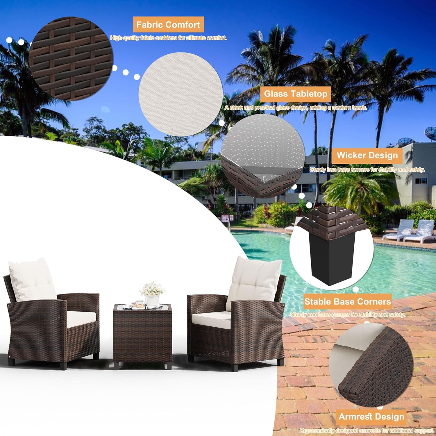 3 Pieces Patio Furniture Set, PE Rattan Wicker 3 Pcs Patio Set, Outdoor Furniture Set with Two Outdoor Chairs and Table, Conversation Set for Garden, Poolside, Balcony, and Porch(Beige)