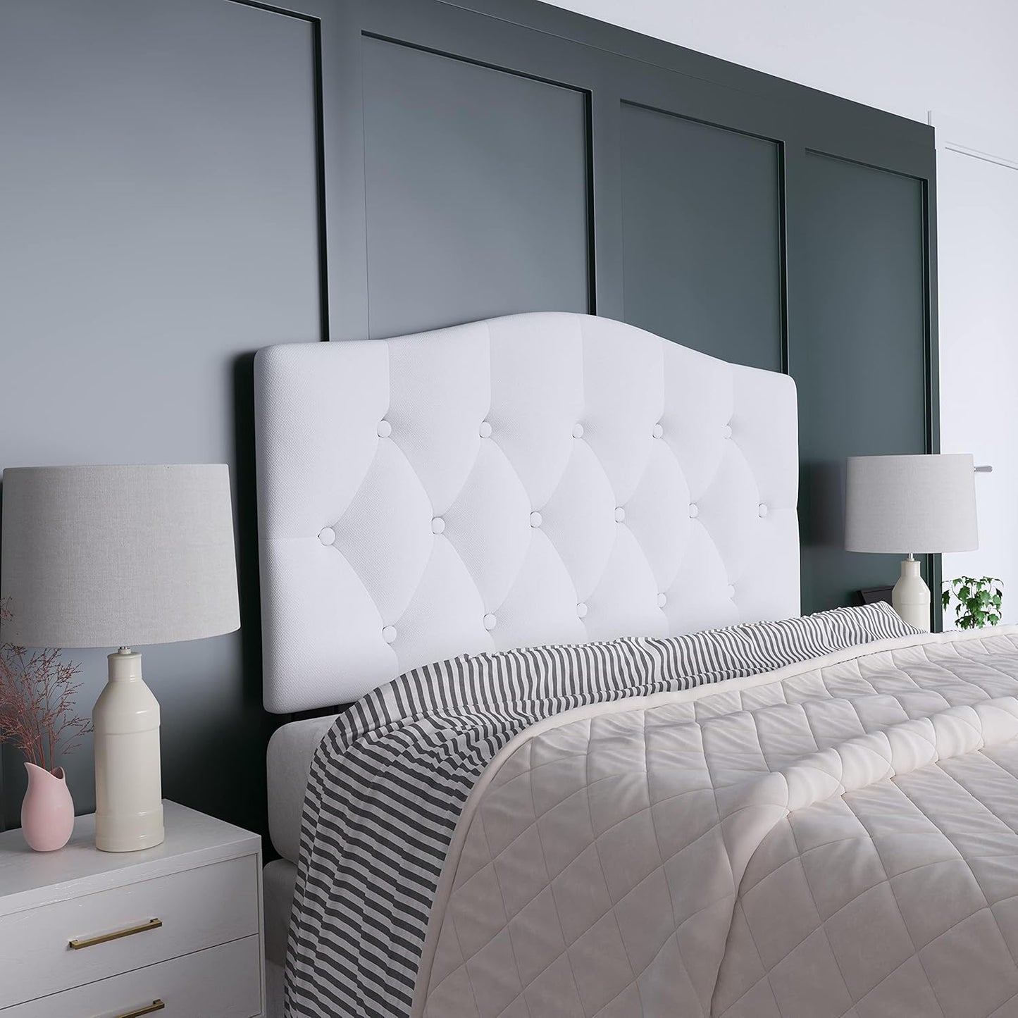 Tufted Upholstered Queen Size Headboard in White Fabric