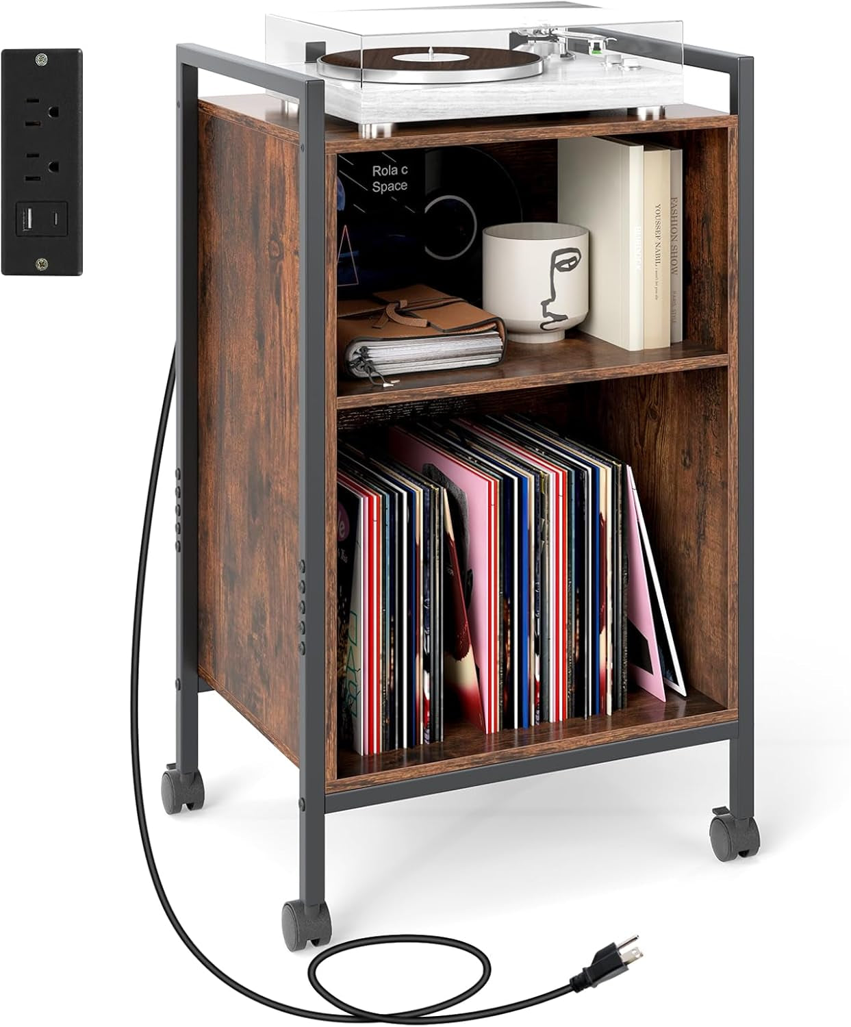 Record Player Stand with Charging Station, Mobile Turntable Stand with Record Storage & 4 Rolling Wheels, 3-Tier Vinyl Record Storage W/ Open Shelves & Dividers for Living Room, Rustic Brown
