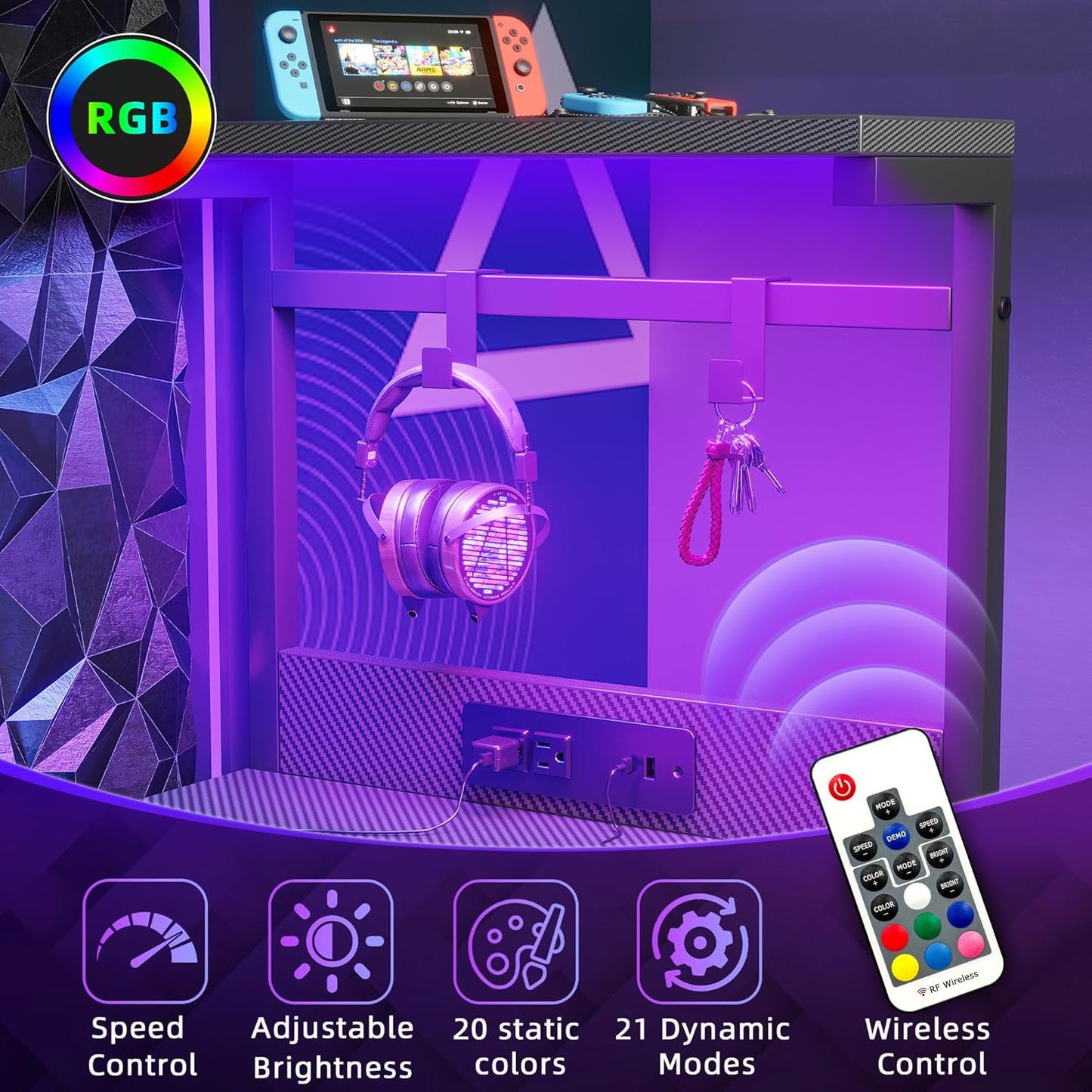 Gaming Desk 40 Inch with Power Outlet and LED Light, Computer Desk with Reversible Shelves and Storage Drawer, Small PC Desk for Home Office Table with Bag, Carbon Fiber Black