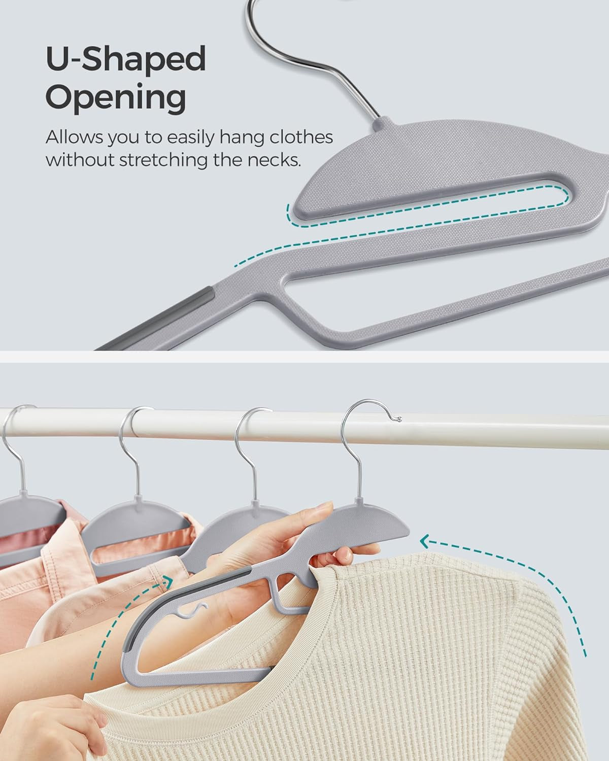 50 Pack Coat Hangers, Heavy-Duty Plastic Suit Hangers, S-Shaped Opening, Space-Saving, 360º Swivel Hook, 16.3 Inches Wide, Light Gray and Dark Gray UCRP41G-50