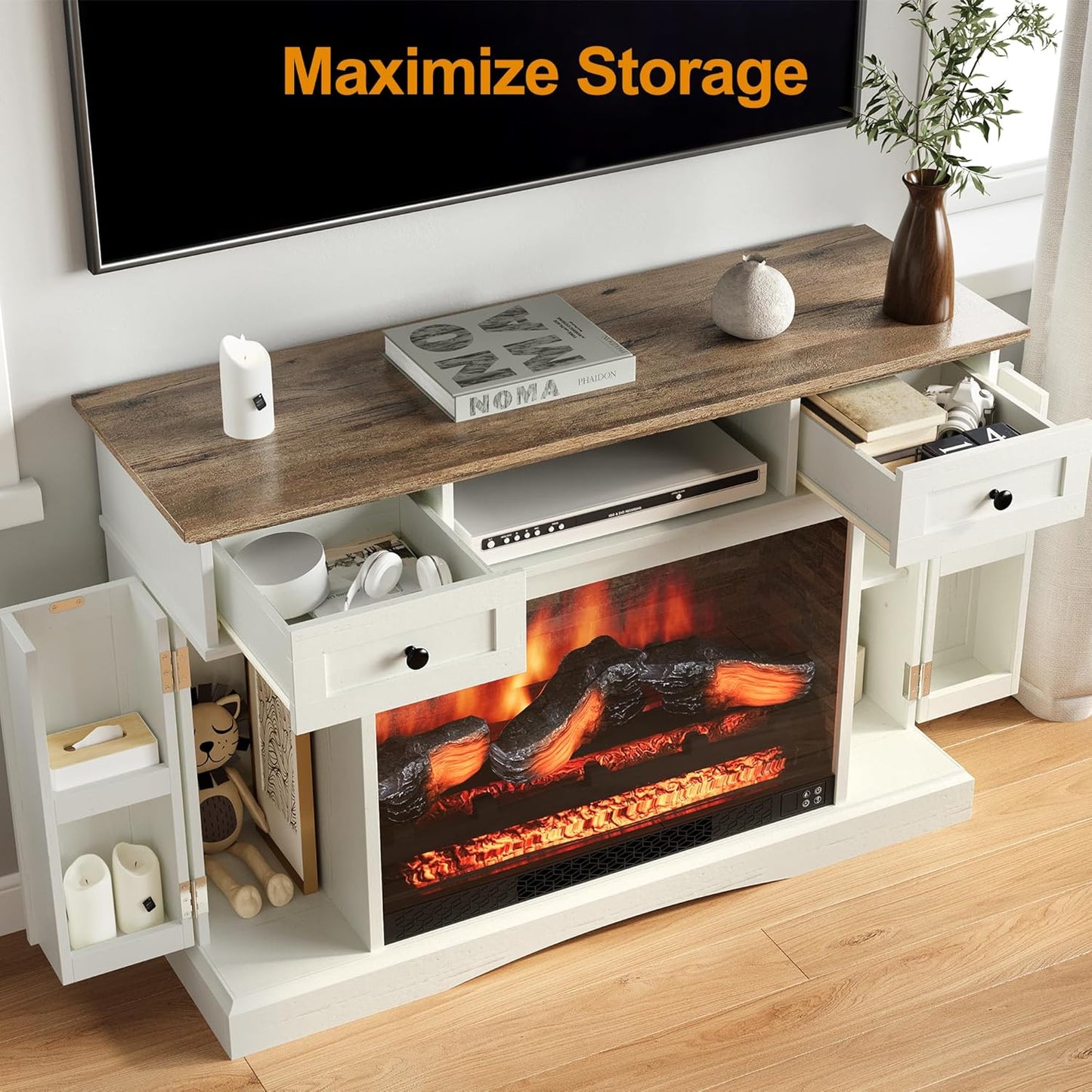 Fireplace TV Stands with for Tvs up to 55'', Media Console Table with Adjustable Shelves, Double-Door Design, Entertainment Center for Living Room, White and Rustic Oak