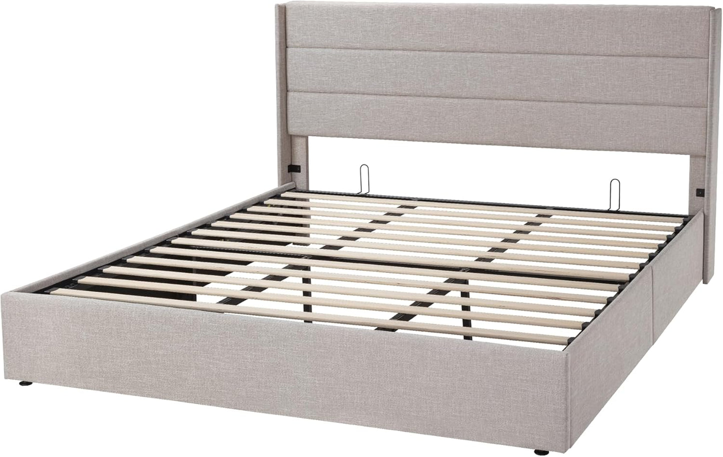King Size Lift up Storage Bed, Modern Wingback Headboard, Hydraulic Support, No Box Spring Needed, Light Beige