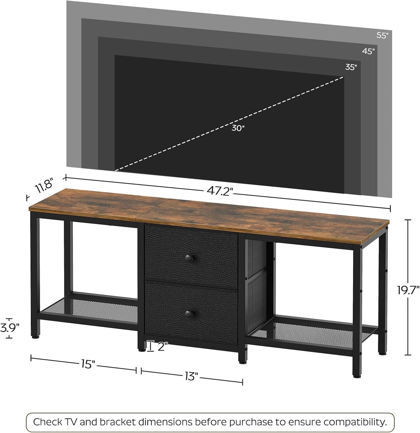 TV Stand for Tvs up to 55", Entertainment Center with 2 Fabric Drawer, Media Console with Shelves, Television Stands for Living Room, Bedroom, Rustic Brown and Black DS02BR