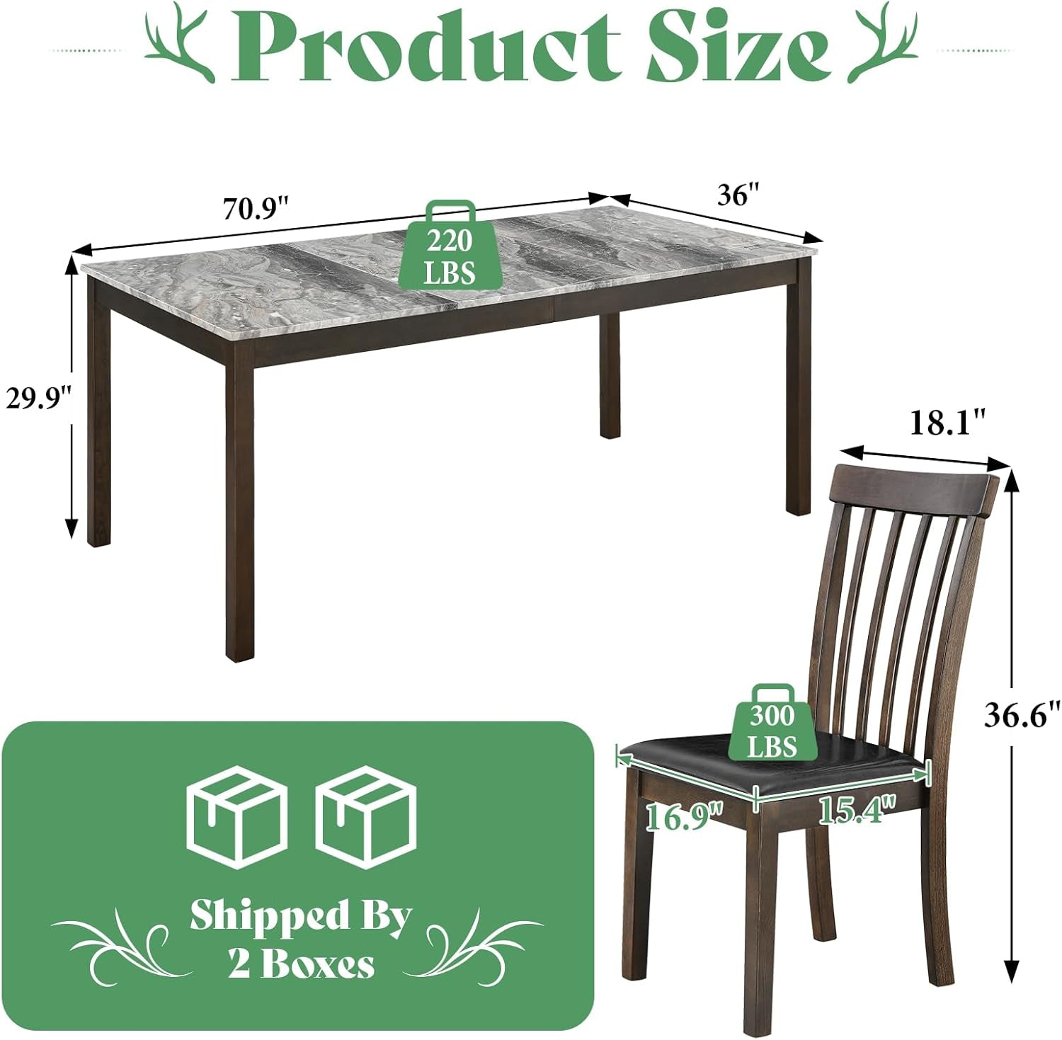 7-Piece Dining Table Set, 71" Faux Marble Modern Table with 6 PU Leather Upholstered Chairs, Heavy-Duty Solid Wood Set for Kitchen & Dining Room, Dark Brown