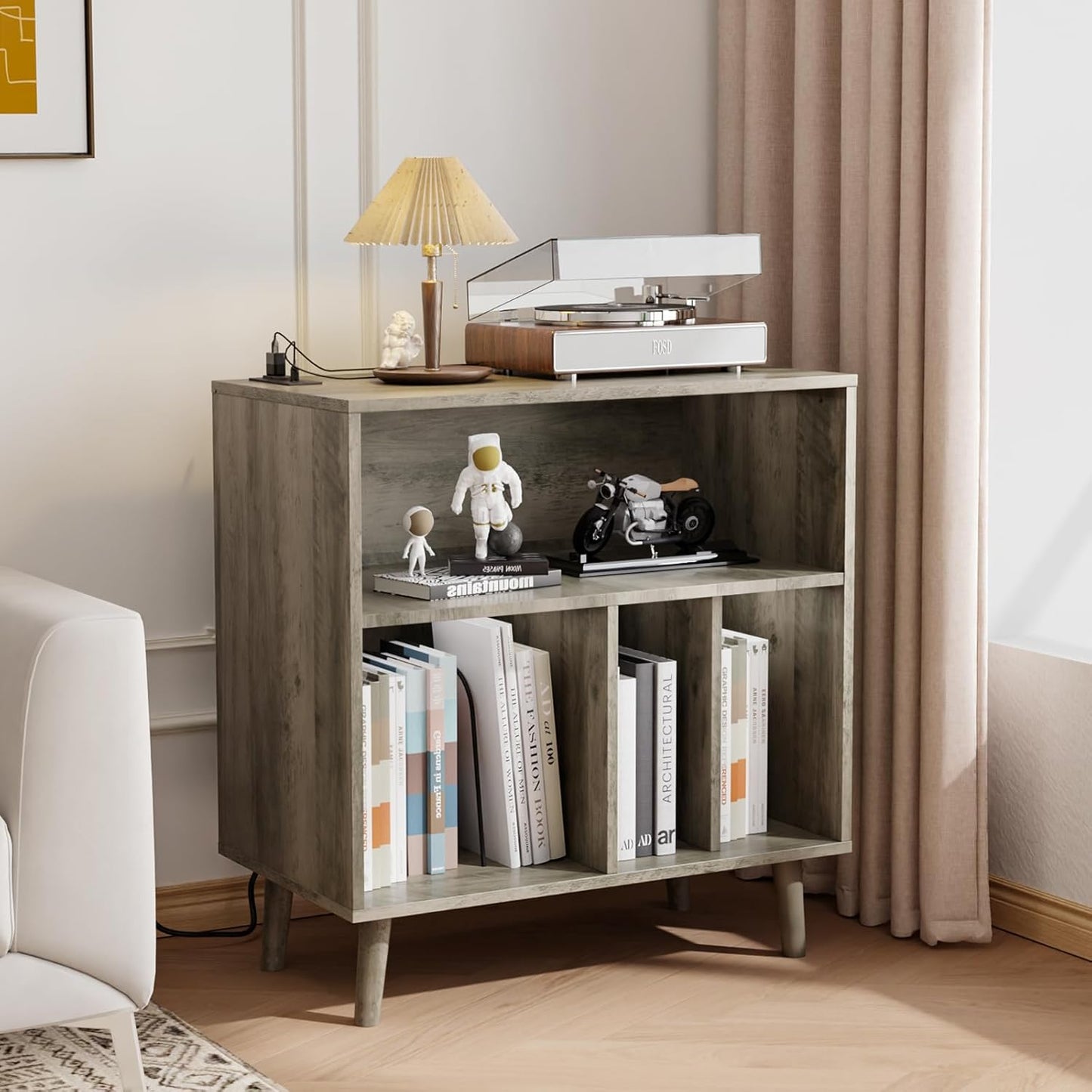 Record Player Stand with Open Vinyl Storage, Mid-Century Album Storage Table with LED Light up to 300 Albums, Vinyl Record Player Shelf with Power Outlet for Living Room, Grey Oak
