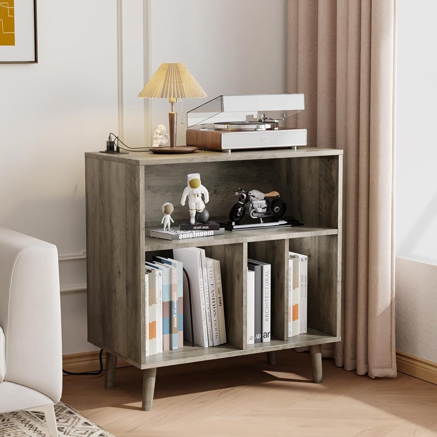 Record Player Stand with Open Vinyl Storage, Mid-Century Album Storage Table with LED Light up to 300 Albums, Vinyl Record Player Shelf with Power Outlet for Living Room, Grey Oak