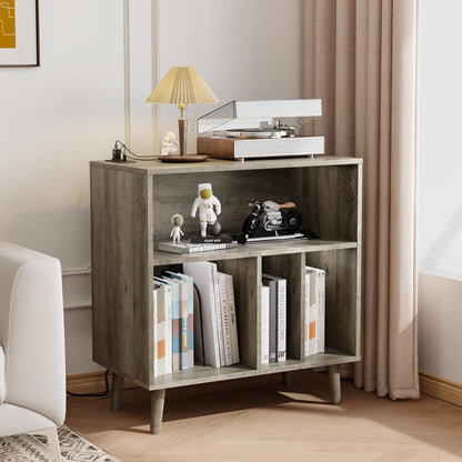 Record Player Stand with Open Vinyl Storage, Mid-Century Album Storage Table with LED Light up to 300 Albums, Vinyl Record Player Shelf with Power Outlet for Living Room, Grey Oak
