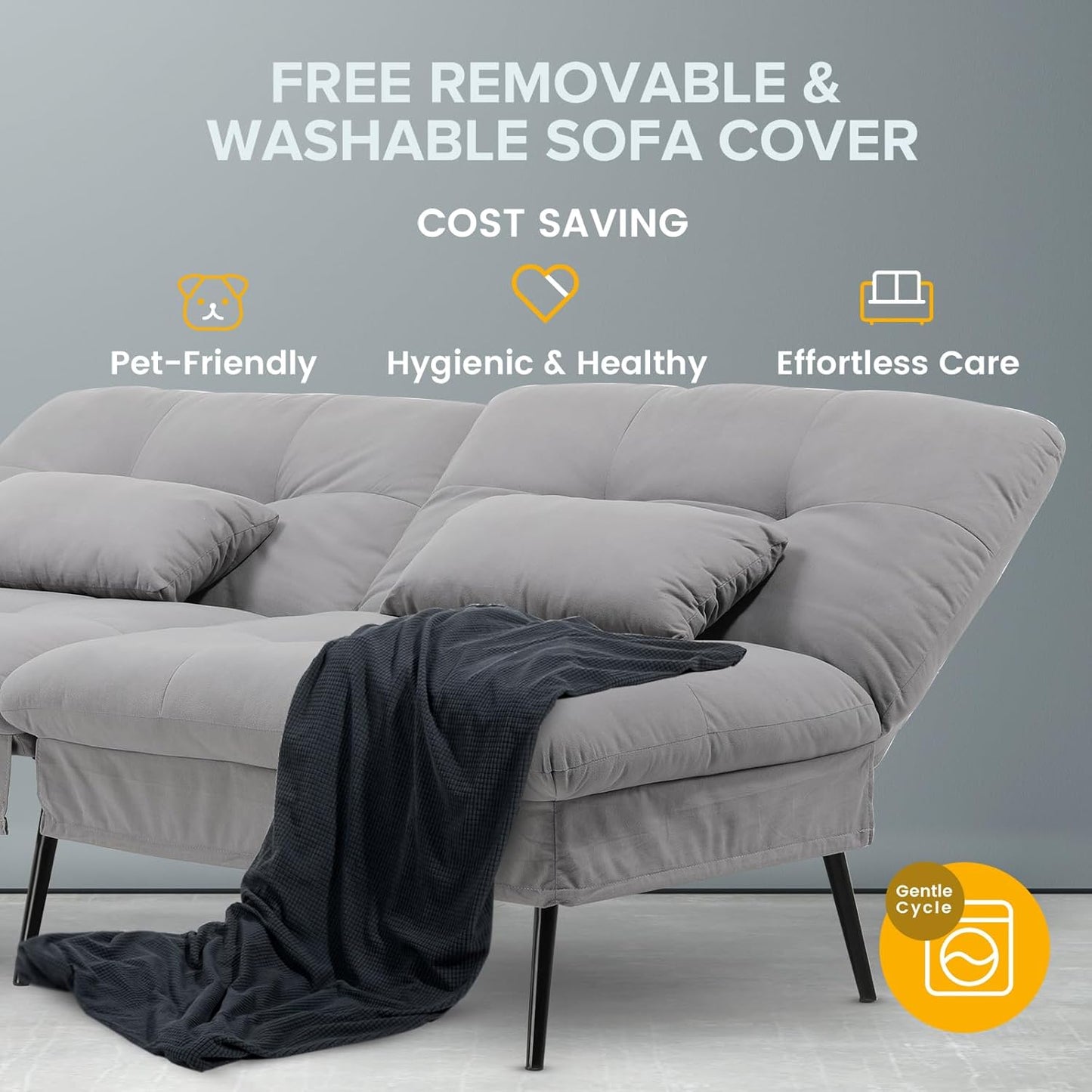Convertible Futon Sofa Bed, 72″Fabric Futons Couch with Adjustable Backrest, Folding Sleeper Recliner for Living Room Furniture (Grey)