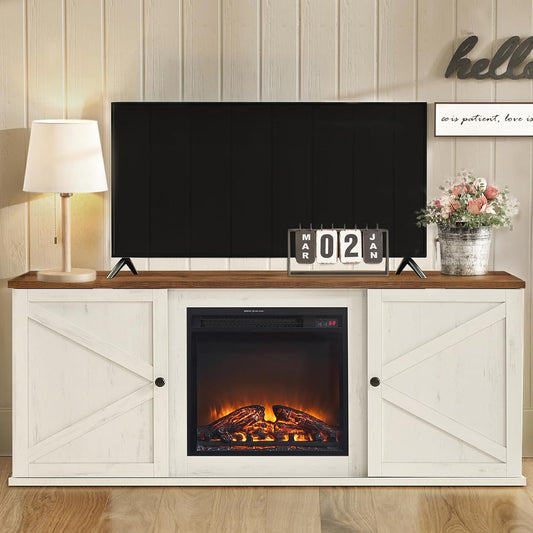 Fireplace TV Stand for Tvs up to 80 Inches, 18-Inch Electric Fireplace with Remote, Farmhouse Entertainment Center, Media Console Table for Living Room, Rustic White and Honey Brown ULTV541W01