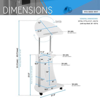 Adjustable Height Rolling Laptop Cart with Storage, Sit to Stand Desk with Wheels, Podium Stand or Medical Cart, White