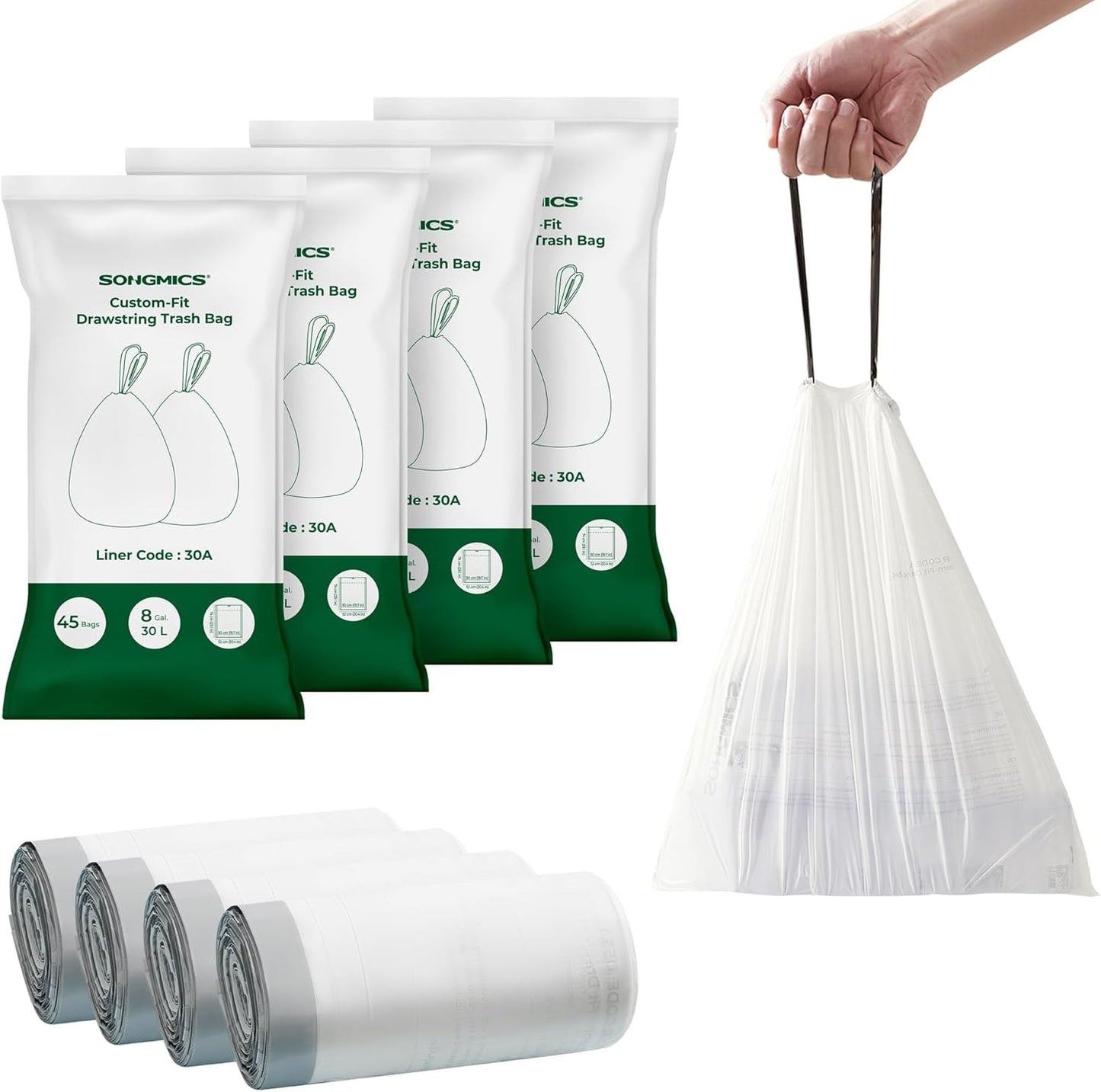 Trash Bags for 8-Gallon (30 L) Trash Cans, Drawstring Kitchen Garbage Bags, Pre-Separated, Liner Code 30A, 2 Rolls, 90 Count, White UKRB30A02