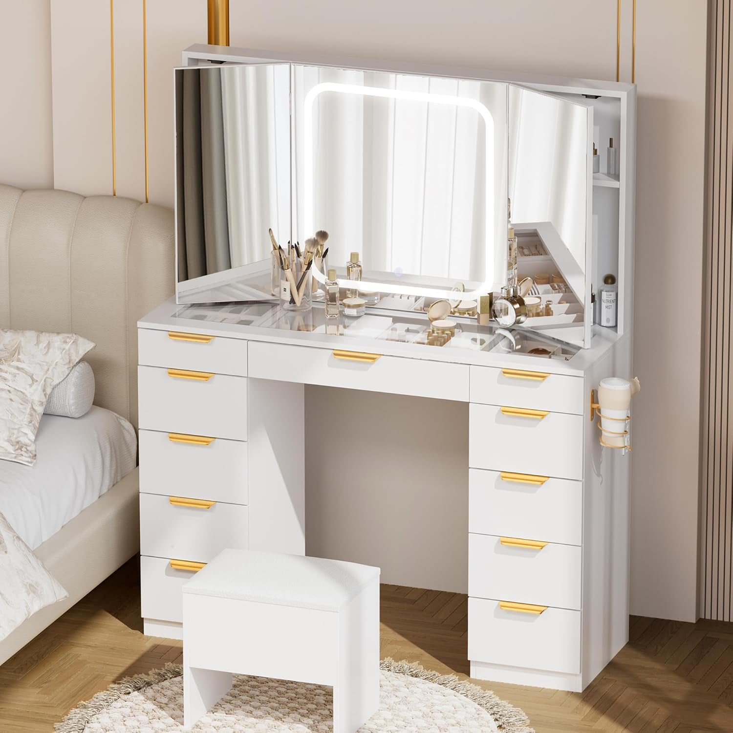 11 Drawers Vanity Desk with Foldable Mirror, Glass Top Makeup Vanity with LED Lights, 3 Lighting Modes, Golden Handles Dressing Table with Chair and Power Outlet