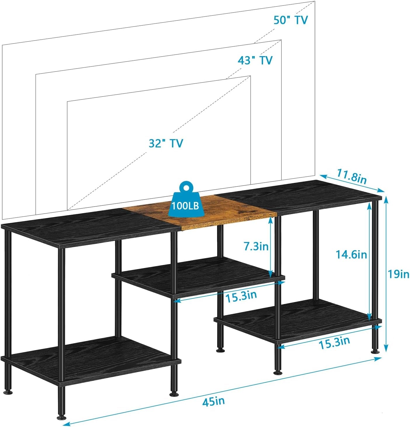 50 Inch TV Stand 3 Tier Entertainment Center with Storage Shelves Small Tall Television Console Table with Metal Frame, Industrial TV Cabinet for Living Room Bedroom, Black