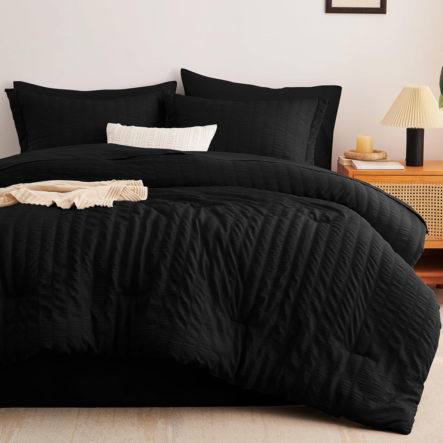 King Size Comforter Set Black Seersucker 7 Pieces Bed in a Bag King Comforter Set with Sheets, Luxury Soft Bedding Sets with down Alternative Comforter, Sheets, Pillowcases & Shams All Seasons