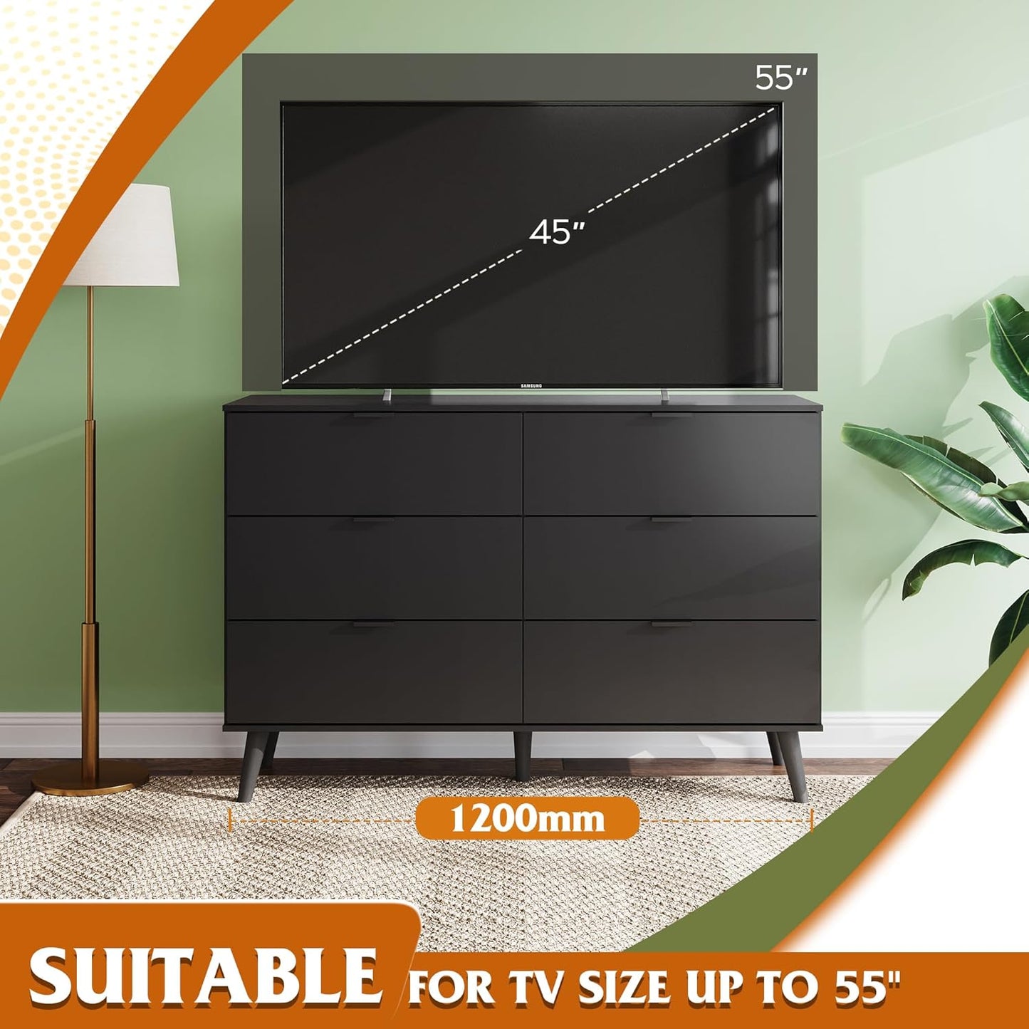 Black Dresser for Bedroom, 47.24'' Wide 6 Drawer Wood Dresser Storage Organizer with Sturdy Metal Handle, TV Stand for 55 Inch TV, Chest of Drawers for Living Room, Hallway, Closet