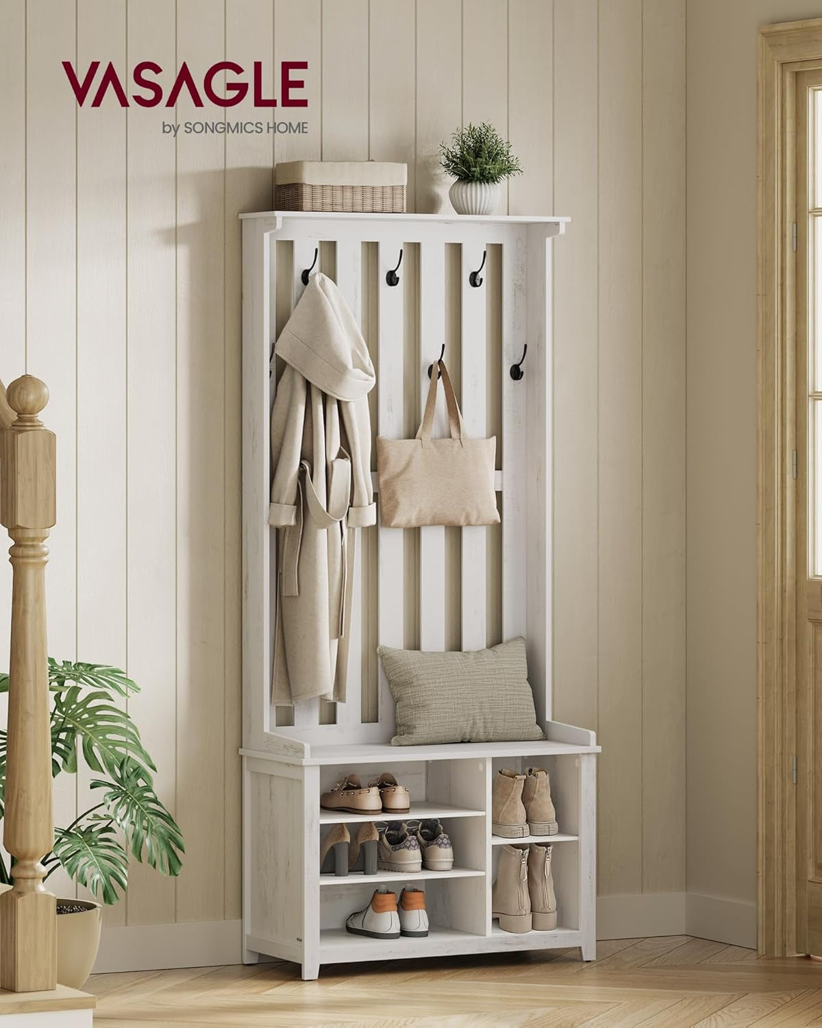 Hall Tree with Bench and Shoe Storage, Coat Rack with Shoe Bench, 7 Double Hooks for Jackets, Hats, Entryway, Bedroom, Living Room, 13.8 X 31.9 X 70.9 Inches, Rustic White UHSR414W01