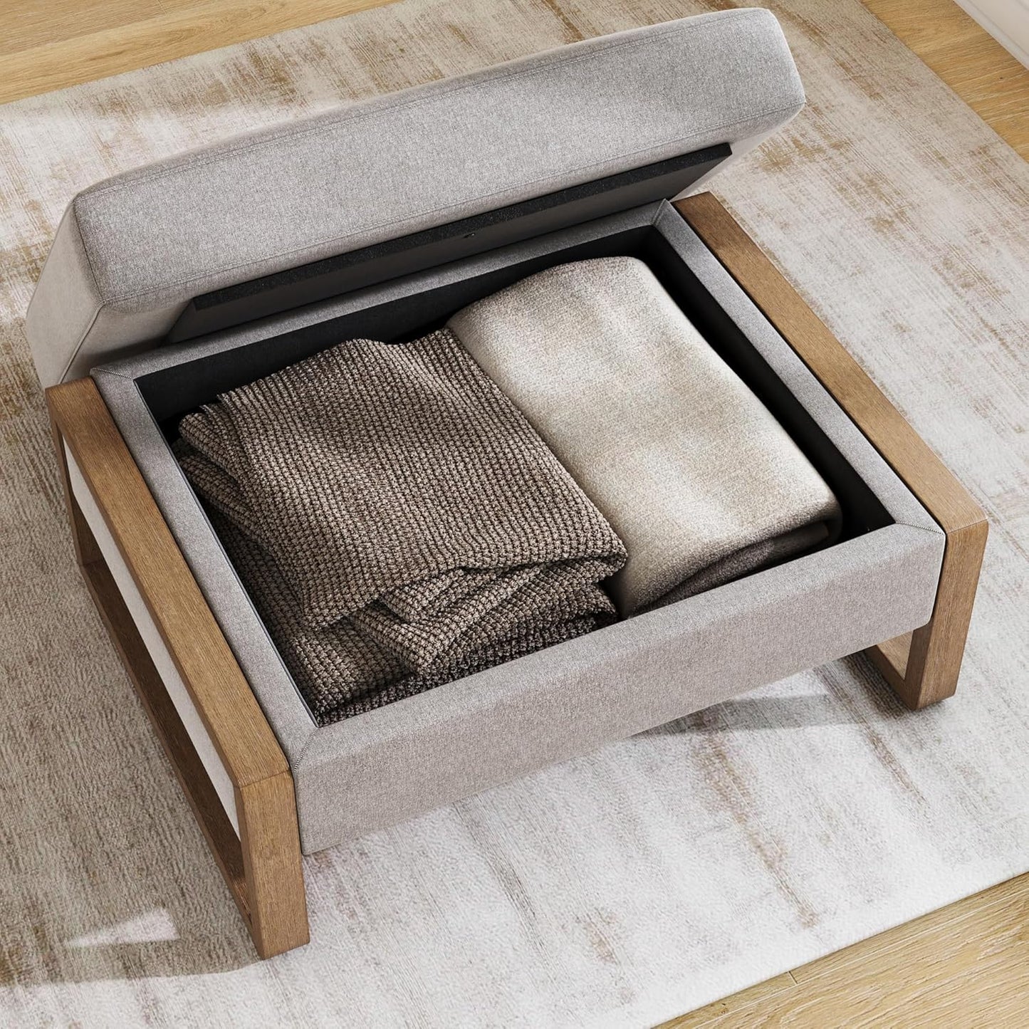 Madison Modern Ottoman Coffee Table with Storage, Upholstered Ottoman with Solid Wood Legs, Sand/Light Brown