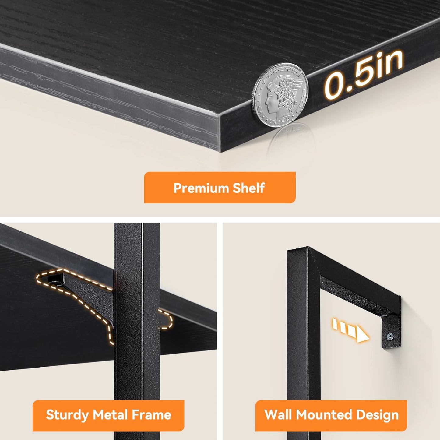 6-Tier Ladder Bookcase, Industrial Storage Shelf with Metal Frame for Living Room, Home Office, Kitchen & Bedroom, Space Saving Freestanding Organizer Rack, Black (8" D X 16" W X 87" H)