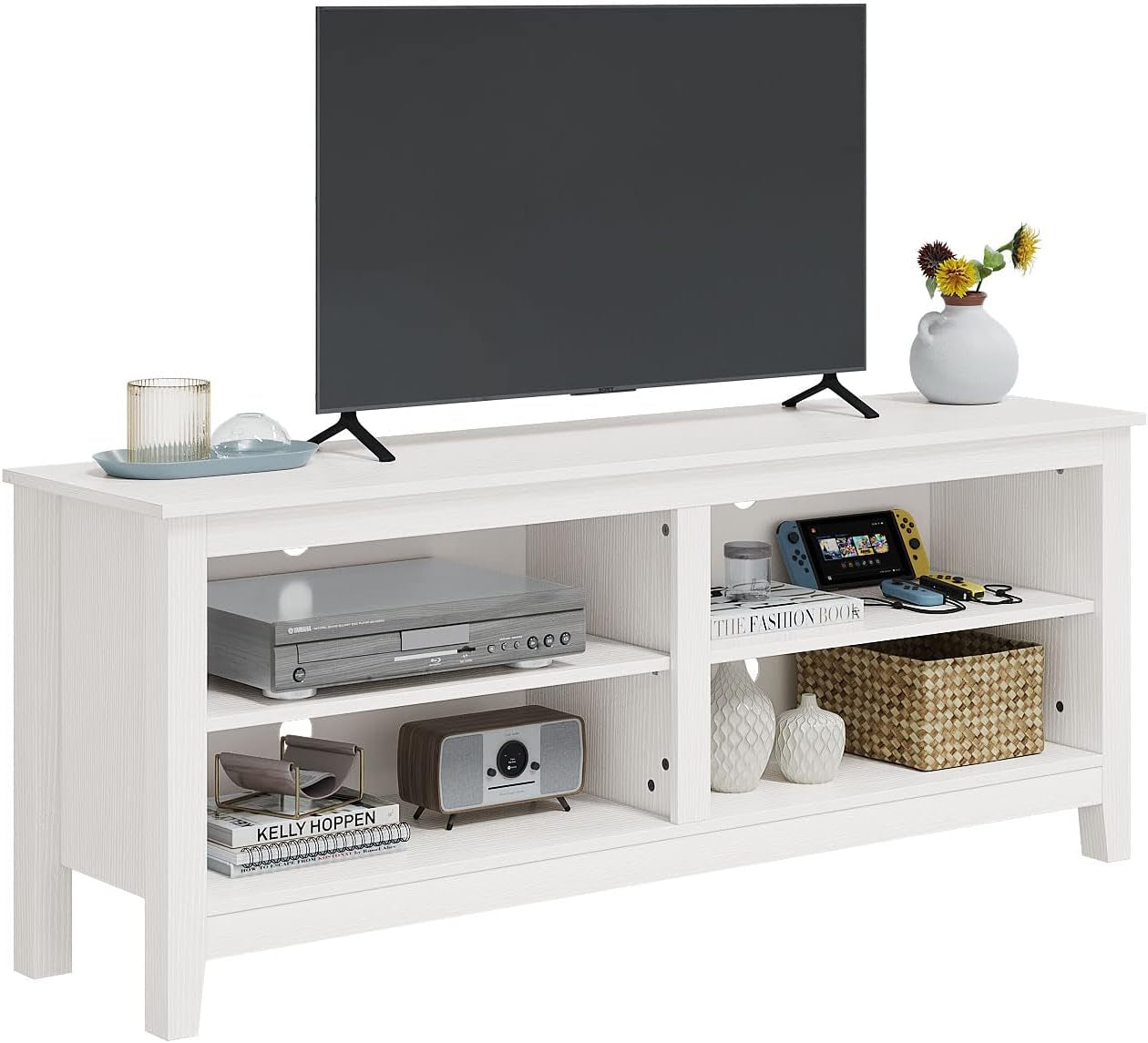 TV Stand, Classic 4 Cubby TV Stand for 60 Inch TV, Entertainment Center Media Television Stand for Living Room Bedroom (White, 55 Inch)
