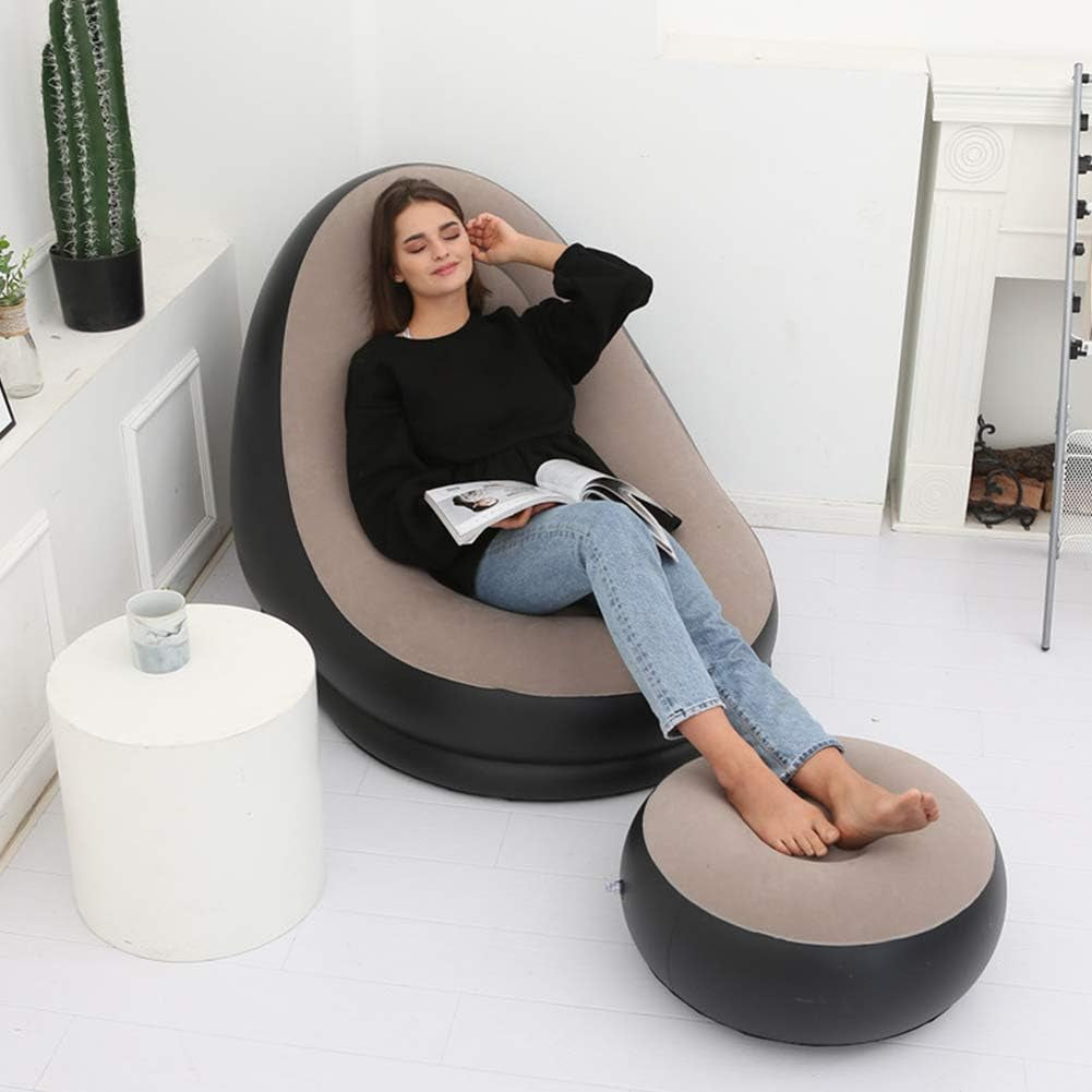 Inflatable Lounge Chair for Adults, Folding Portable Lazy Sofa with Foot Stool Lazy Flocking Recliner Chair Air Couch Sofa for Indoor Outdoor Travel Camping（No Pump）