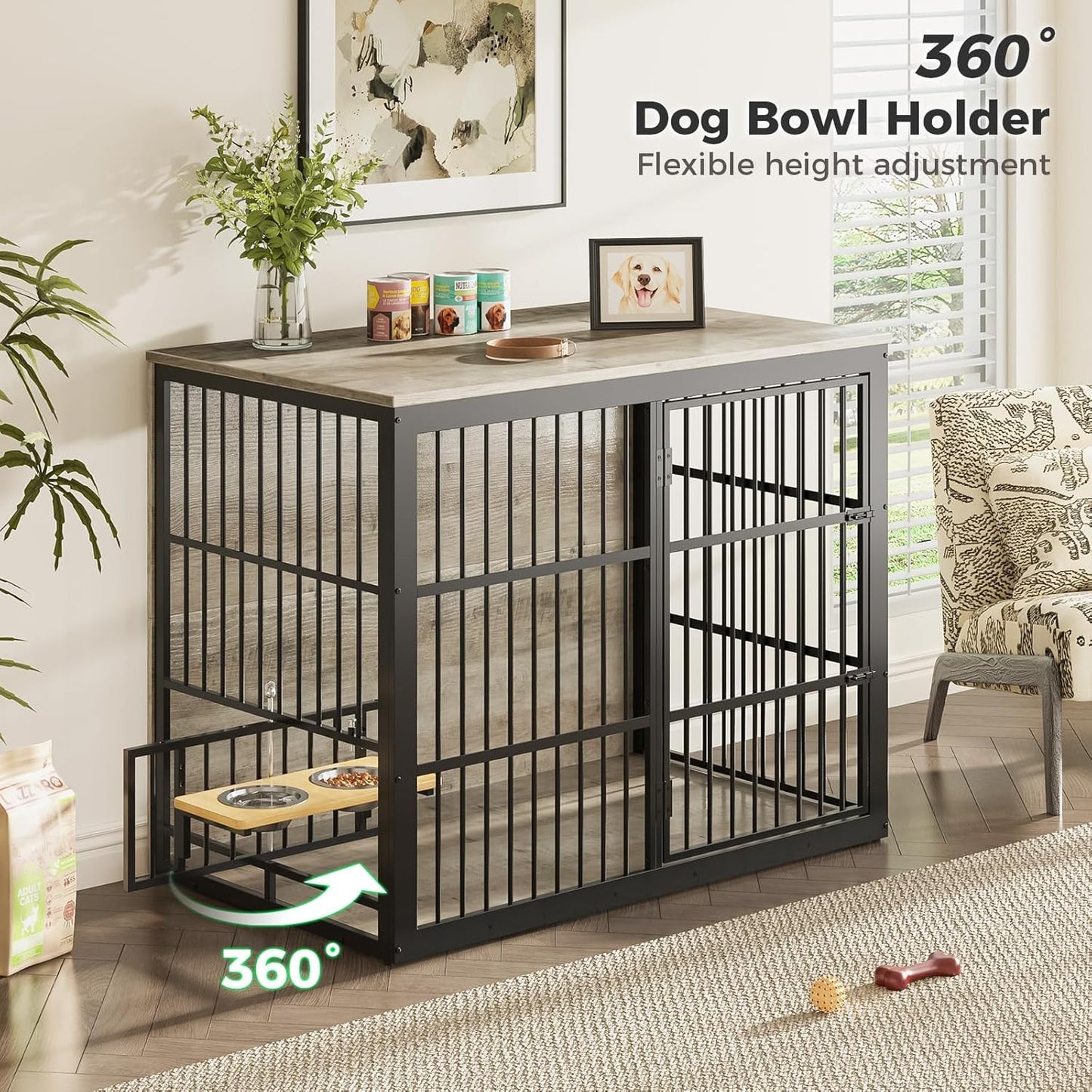 48'' XXL Dog Crate Furniture with Rotating Feeder, Large Wooden Crate End Table, Heavy Duty Indoor Kennel Cage for Medium to Large Dogs, Grey