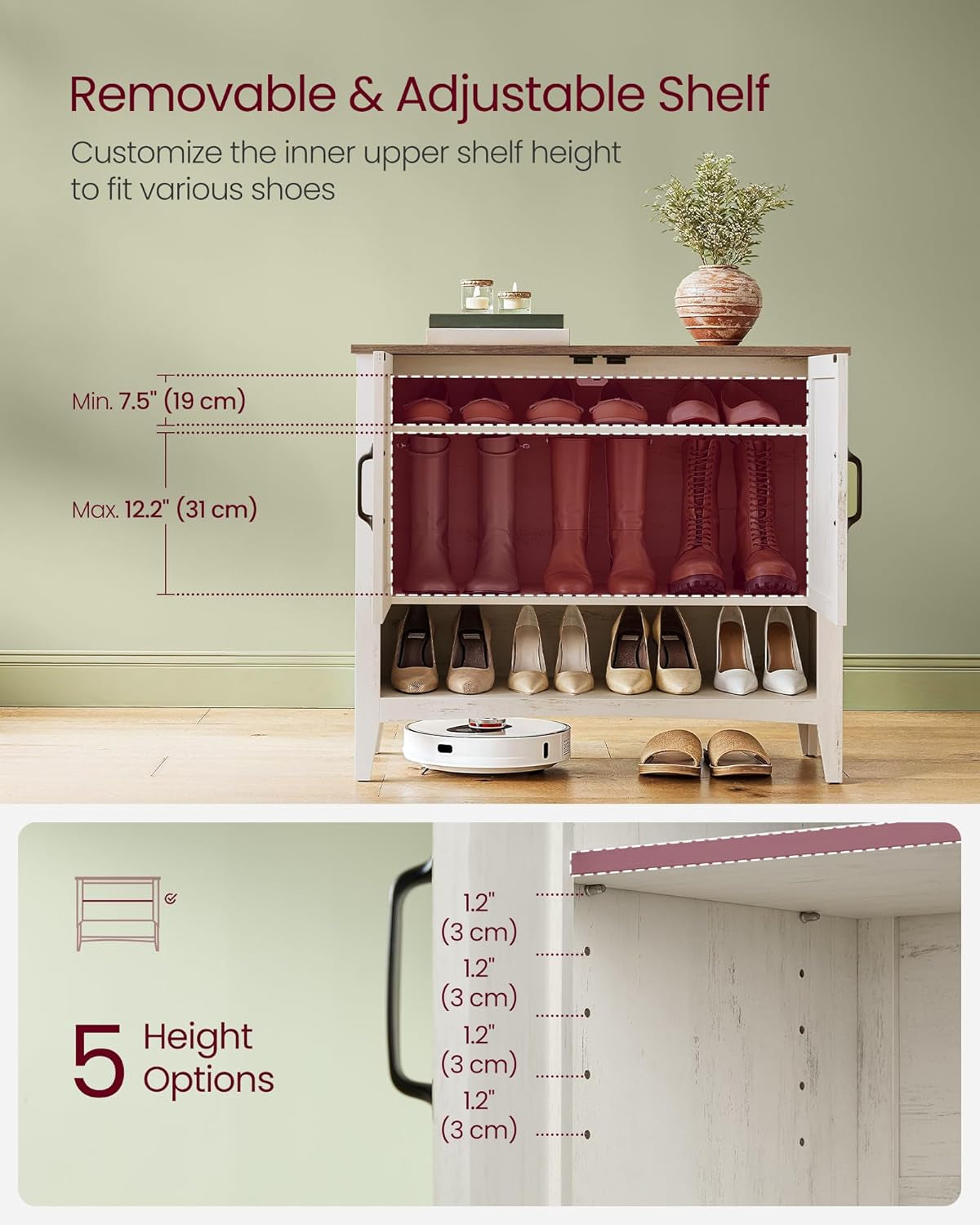 Shoe Cabinet, 3-Tier Shoe Storage Organizer, Farmhouse Freestanding Cabinet with Height-Adjustable Shelf, 13.8 X 31.5 X 27.6 Inches, Entryway, Honey Brown ULBC038B01