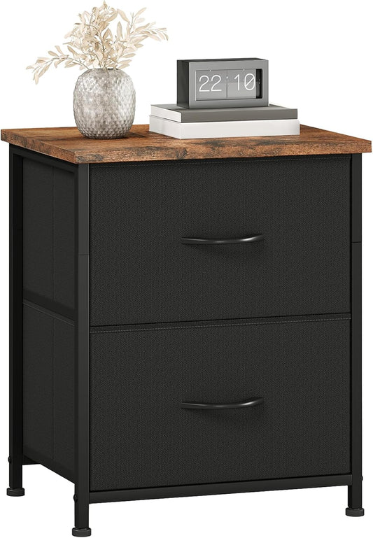 Black Nightstand, Small Dresser for Bedroom with 2 Drawers, Bedside Table Night Stand End Table with Fabric Bins for Bedroom Kids Closet Dorm Guest Room, Black Rustic Brown