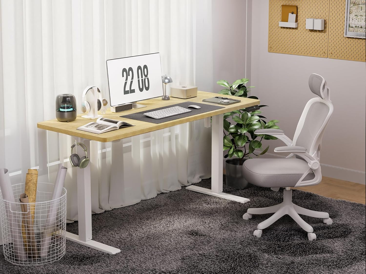 48X24 Inches Height Adjustable Electric Standing Desk with 2 Hooks for Home Office, Ergonomic Sit Stand up Desk with Splice Board, Oak