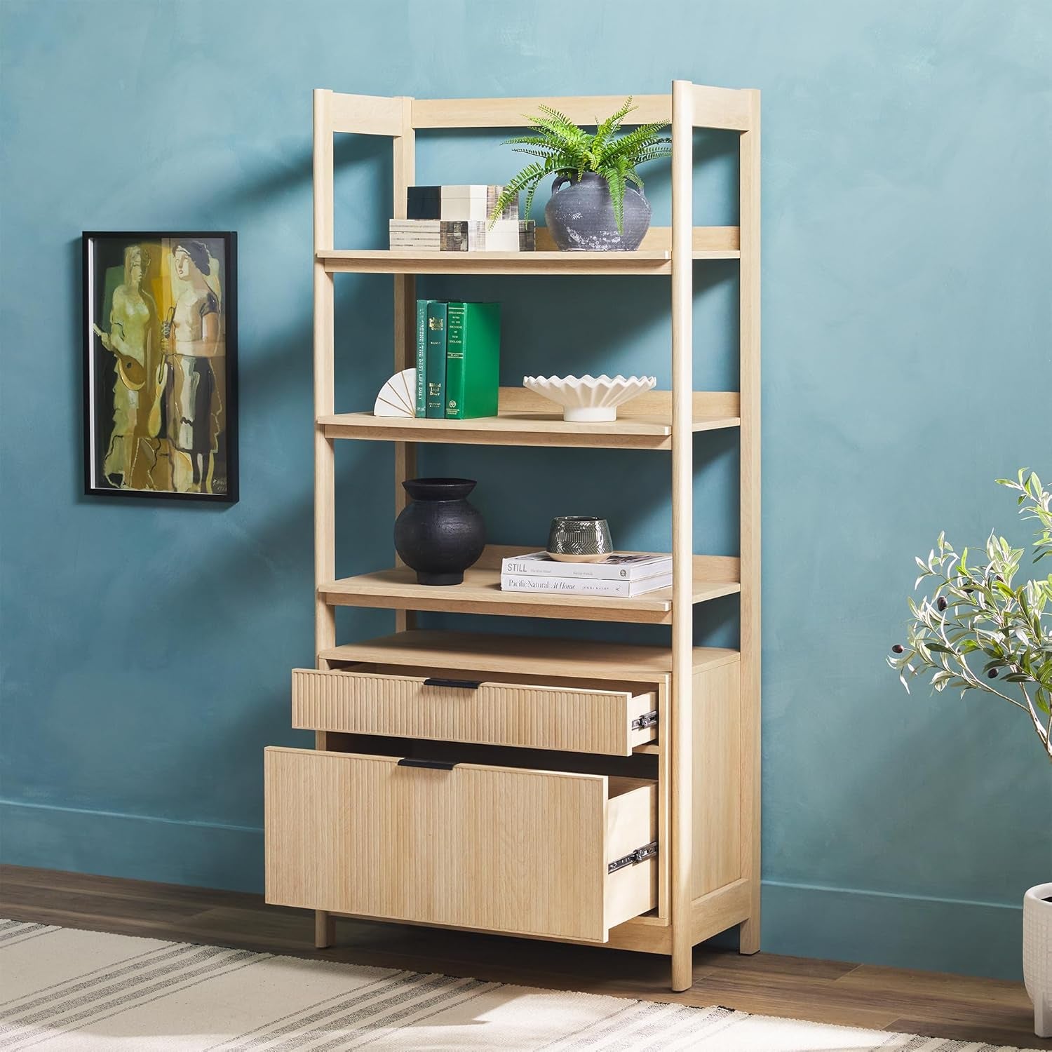 Transitional Open Reeded 4-Shelf Bookshelf with Drawers on Bottom, Versatile Bookcase with Bottom Storage for Home Office, Living Room, Bedroom, 33”W X 16.75”D X 70”H, Coastal Oak