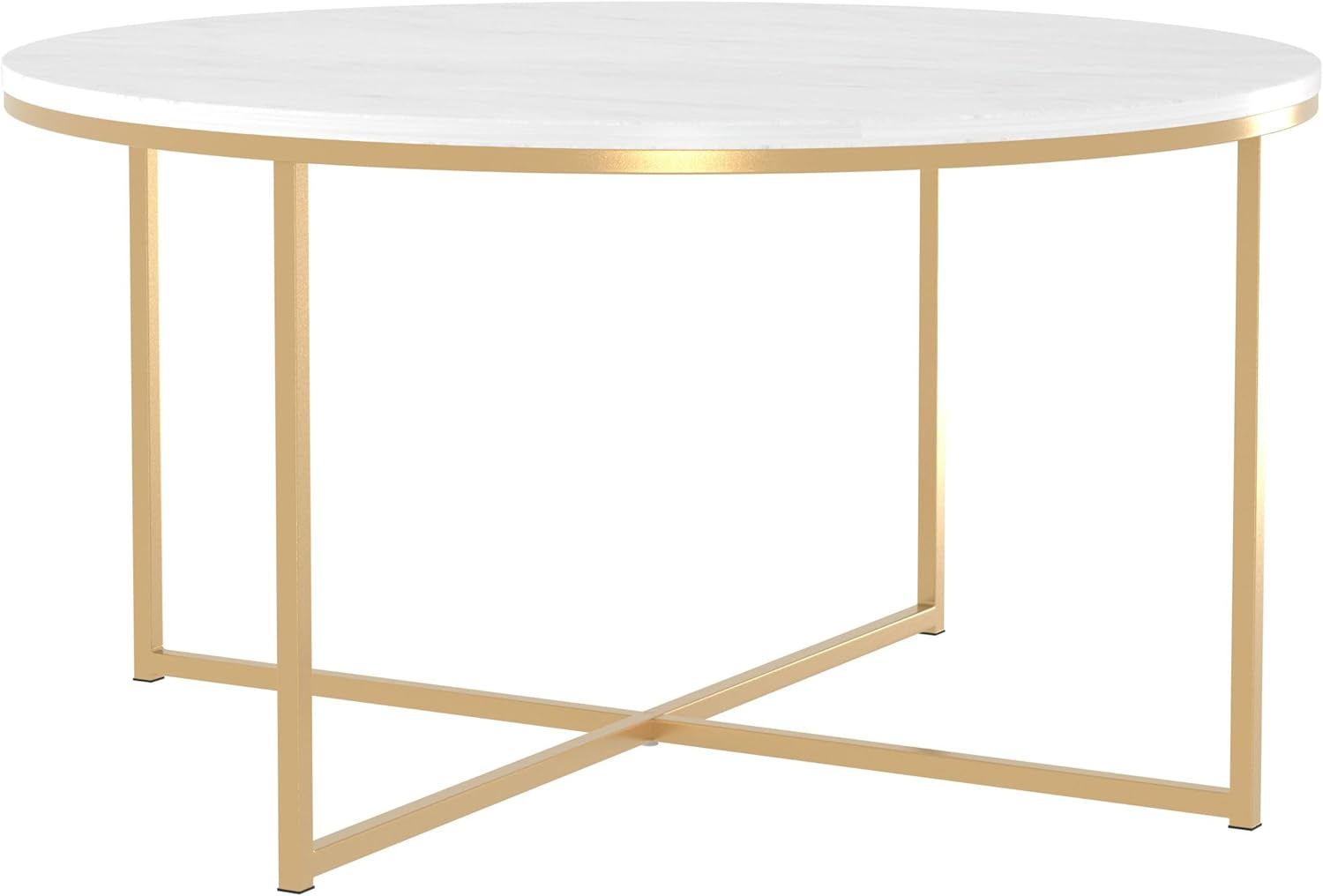 Modern Glam round Accent Faux White Marble Coffee Table with Gold X-Base, 36 Inch