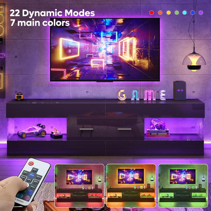 Black TV Stand for 55/60/65 Inch TV, High Gloss Modern TV Stand with Stone-Patterned Side Panels, LED Entertainment Center with Large Drawer, TV Consoles for Living Room, Bedroom