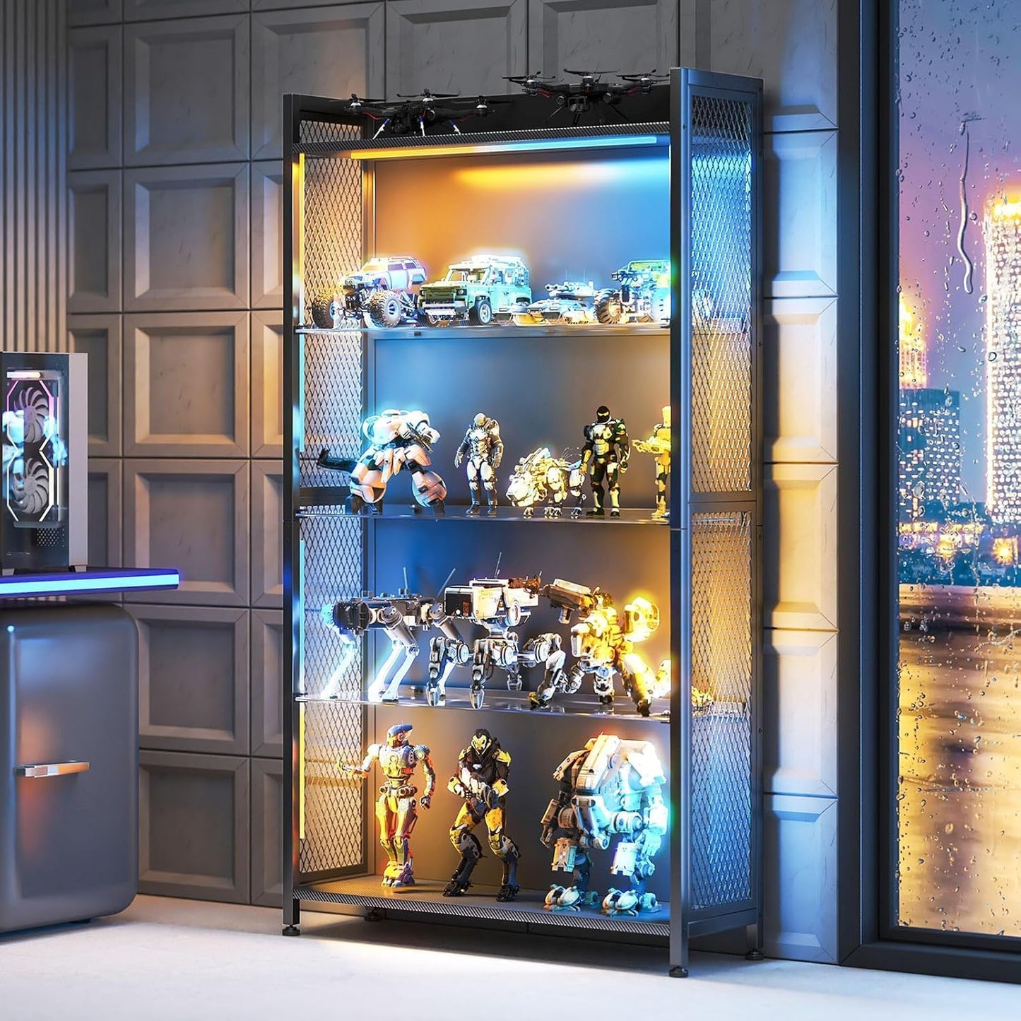 Display Case with LED Lights, Display Cabinet with Glass Storage Shelves and Industrial Metal Mesh, 4-Tier Display Shelf for Collectibles, Curio Cabinet with Open Shelf, Black