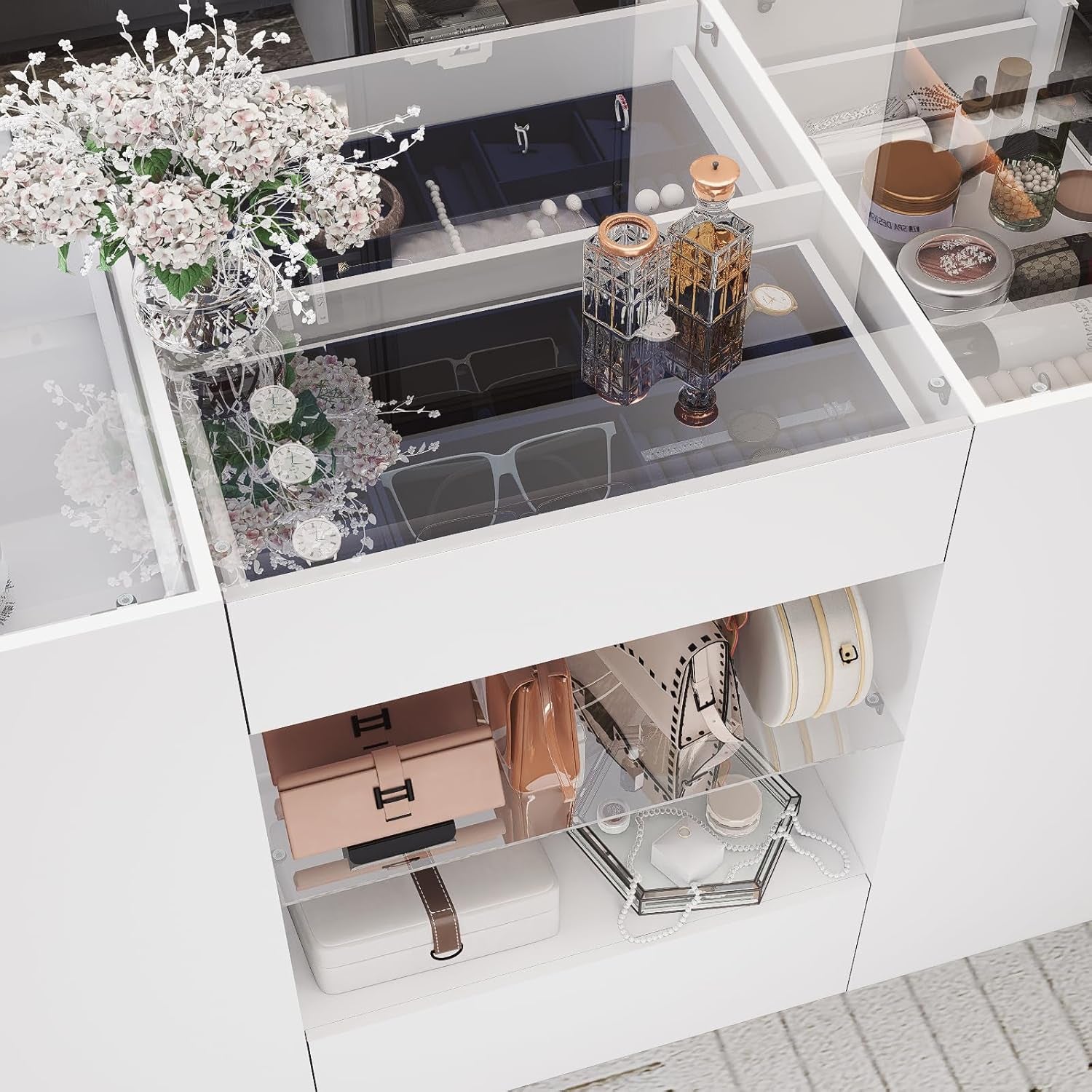 Closet Island with Drawers, Wardrobe Armoire Bedroom Island, Glass Display Shelf & 12 Drawers, White Dresser with Glass Top, Walk-In Closet Island for Bedroom, Cloakroom