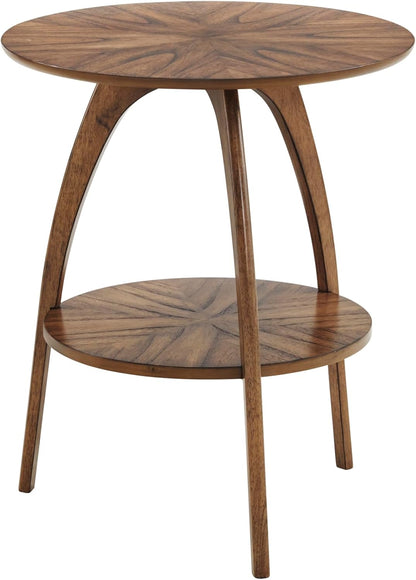 Retro Mid-Century Modern round Wood End Table, Solid Grain Side Table with Lower Shelf, Small Accent Table for Living Room or Nightstand. Nutmeg Brown.