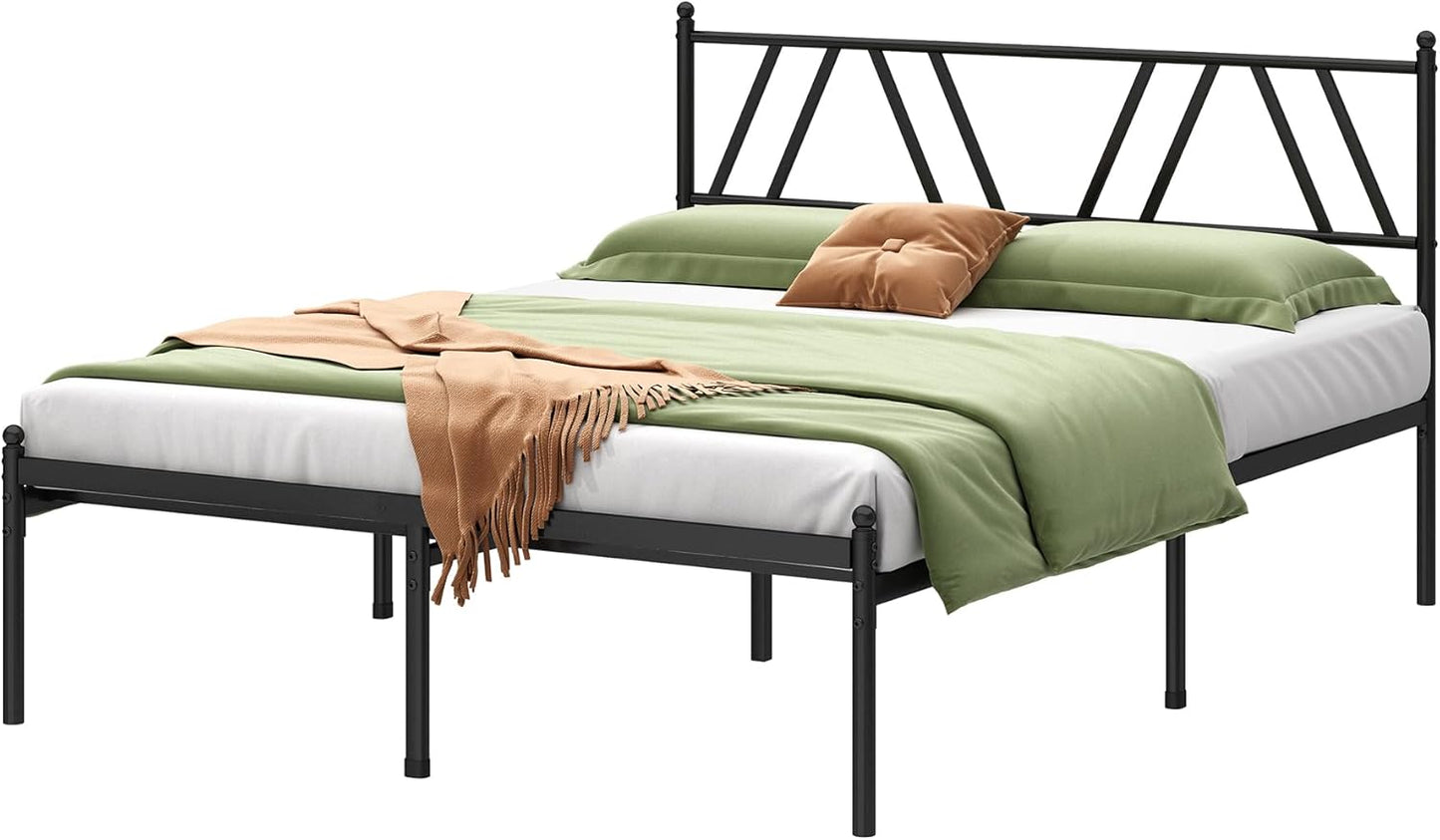 Metal Platform Bed Frame with Headboard, 14 Inches Queen Bed, No Box Spring Needed, Steel Slat Support, Black, Easy Assembly