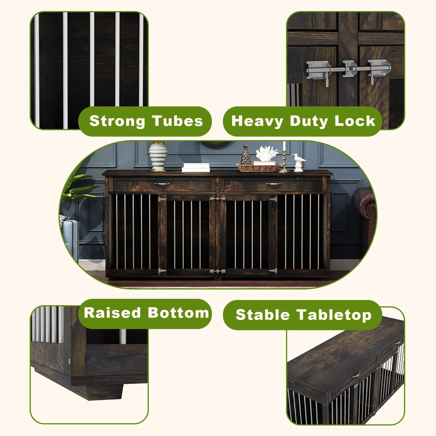 Large Dog Crate Furniture, 72 Inch Wooden Furniture Style Dog Kennel with Drawers & Divider, Heavy Duty Indoor Dog Cage House with Double Rooms for Large Medium Small Dogs, White