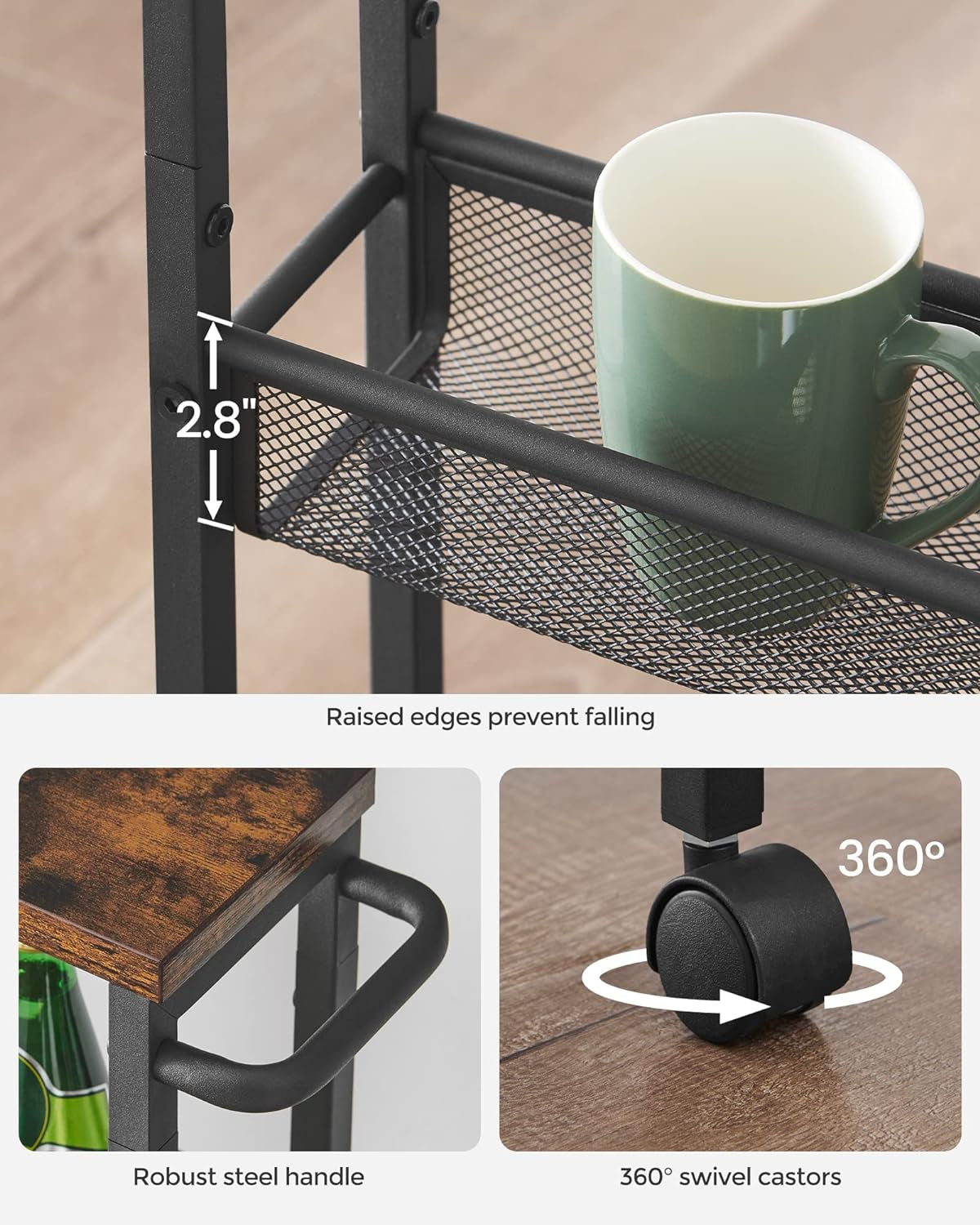 Slim Rolling Cart, 5-Tier Storage Cart, Narrow Carts with Handle, 5.1 Inches Deep, Metal Frame, for Kitchen, Dining Room, Living Room, Home Office, Rustic Brown and Classic Black ULRC034B01