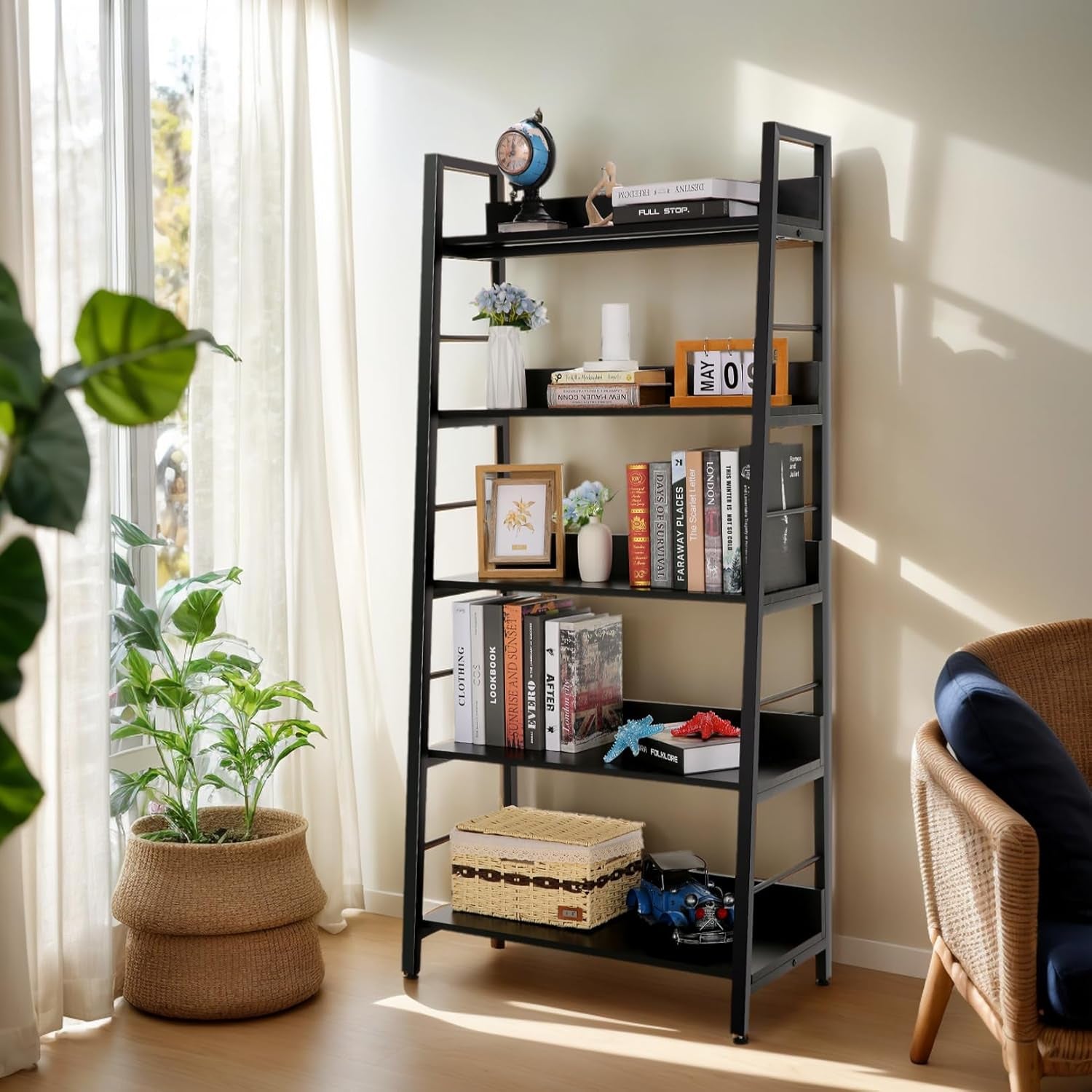 5 Tier Book Shelf, Rustic Industrial Ladder Bookshelf Wood Metal, Dark Brown Farmhouse 28'' Wide 59''Tall Ladder Shelf Living Room, Bedroom, Home Office