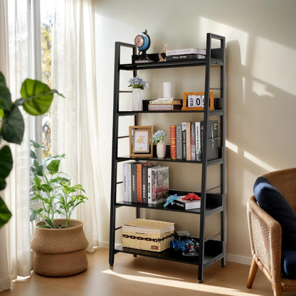 5 Tier Book Shelf, Rustic Industrial Ladder Bookshelf Wood Metal, Dark Brown Farmhouse 28'' Wide 59''Tall Ladder Shelf Living Room, Bedroom, Home Office