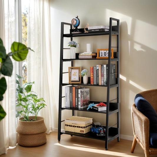 5 Tier Book Shelf, Rustic Industrial Ladder Bookshelf Wood Metal, Dark Brown Farmhouse 28'' Wide 59''Tall Ladder Shelf Living Room, Bedroom, Home Office