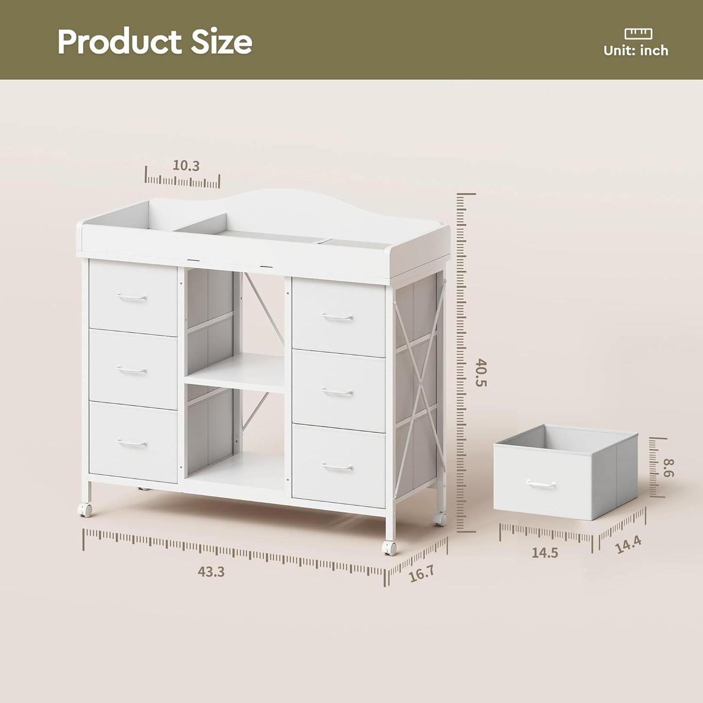 Changing Table, 6-Drawer Baby Dresser with Changing Table Top, Waterproof Diaper Changing Station & Pad, 2 Height-Adjustable Open Storage Shelves, Mobile Nursery Organizer, White