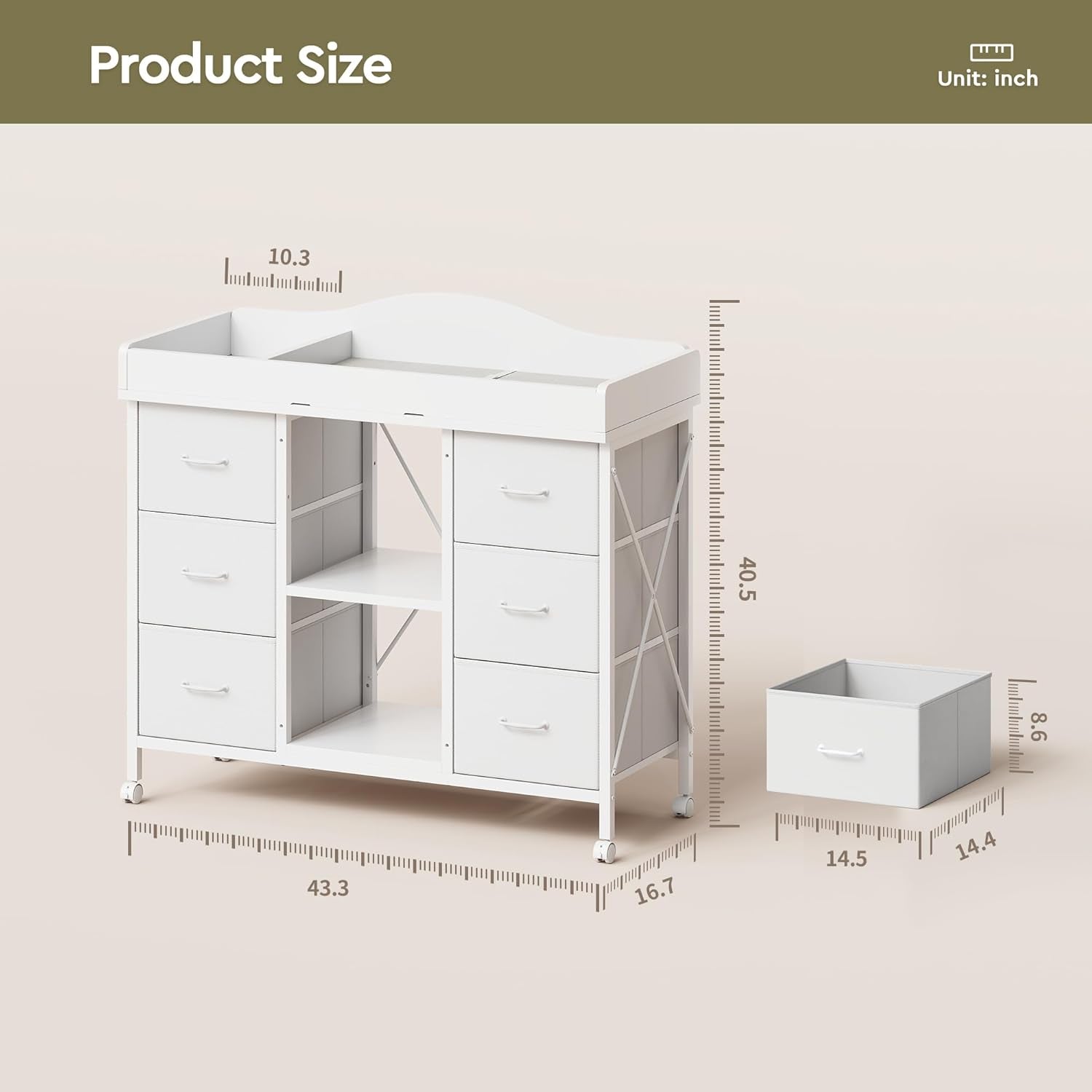 Changing Table, 6-Drawer Baby Dresser with Changing Table Top, Waterproof Diaper Changing Station & Pad, 2 Height-Adjustable Open Storage Shelves, Mobile Nursery Organizer, White